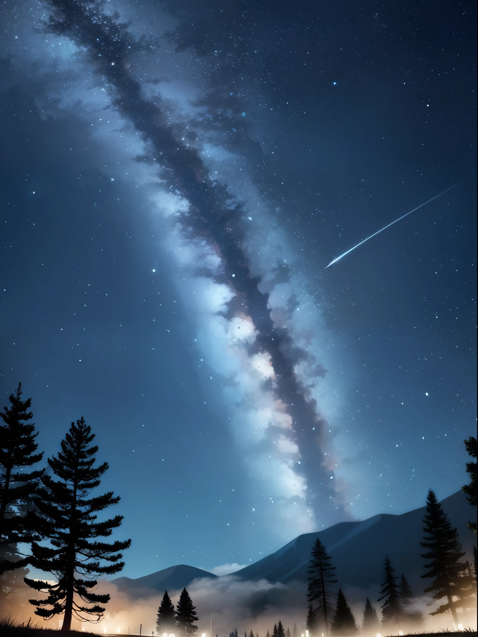 the night,Bright smoke starry sky,Forest by the lake,People in the distance,Meteors flew by,Forest,Master masterpieces,