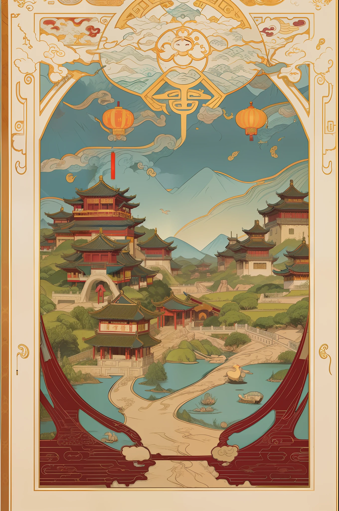 An illustration showing an ancient neighborhood of the Tang Dynasty in China,Illustration in Art Nouveau style,Mysterious creatures and landscapes, Historical illustration, Traditional Chinese landscapes, Dragon Art, monumental murals, Light maroon and light beige, Playful and colorful depiction, Narrative sequence, A revived historical art form, Panorama scale Tang Dynasty neighborhoods in China