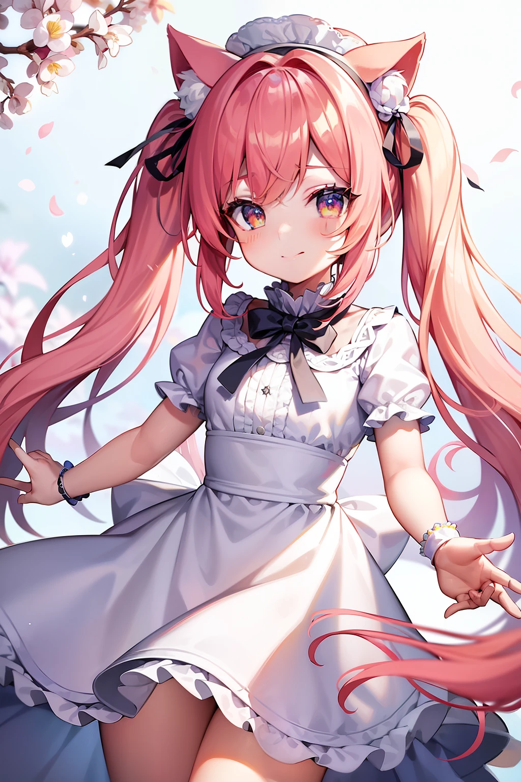 (masterpiece:1.4)、(top-quality:1.4)、(a very pretty girl、hyperdetailed face、Eyes Like Gems、very long pink hair、Colorful gradient hair:1.4)、(full bodyesbian、Perfect two arms、Perfect two legs:1.4)、(Perfect four fingers:1 thumb)、optic、brilliance、Bokeh、Ultra-fine、Pigtails、Flower garden、细致背景、Fantastical、Underexposed eyes、White dress、cat ear、Colorful flower background、Bright background、a smile