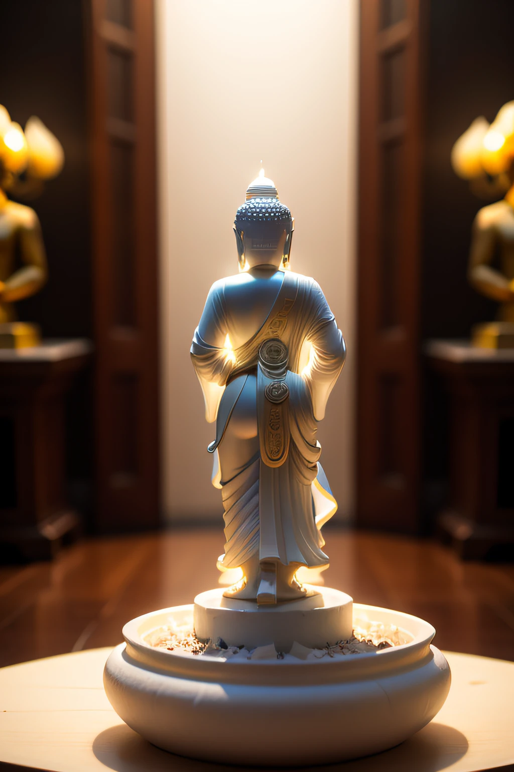 White jade Buddha statue,White,The light is natural,Dress more,facing away from the audience