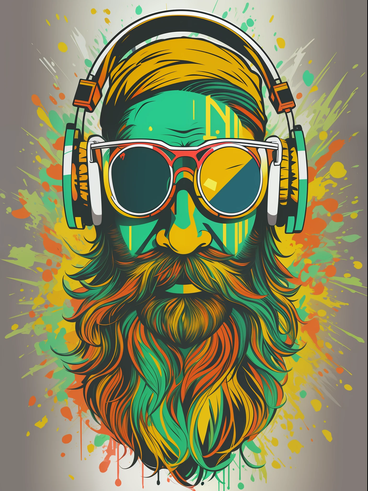 Vector t shirt art ready to print colorful graffiti illustration of a colorful bearded face silhouette illustration, headphones and eyeglasses,
glasses lenses with colored reflections, action shot, summer color, high detail, white background