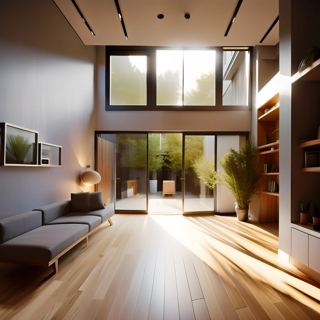 Interior design,Very detailed wide angle architectural photography,cozy contemporary living room,(Bright warm sunshine 1:0.1),award-winning contemporary interior design,scenecy,desks,a chair,inside in room,wooden floor,janelas,dining room,east asian architecture,sliding door,lamp lights,buliding,ln the forest,naturey,Ccup,a plant,Interior design,Interesting light and shadow,depth of fields,low-light,,brightly,succinct,light toned