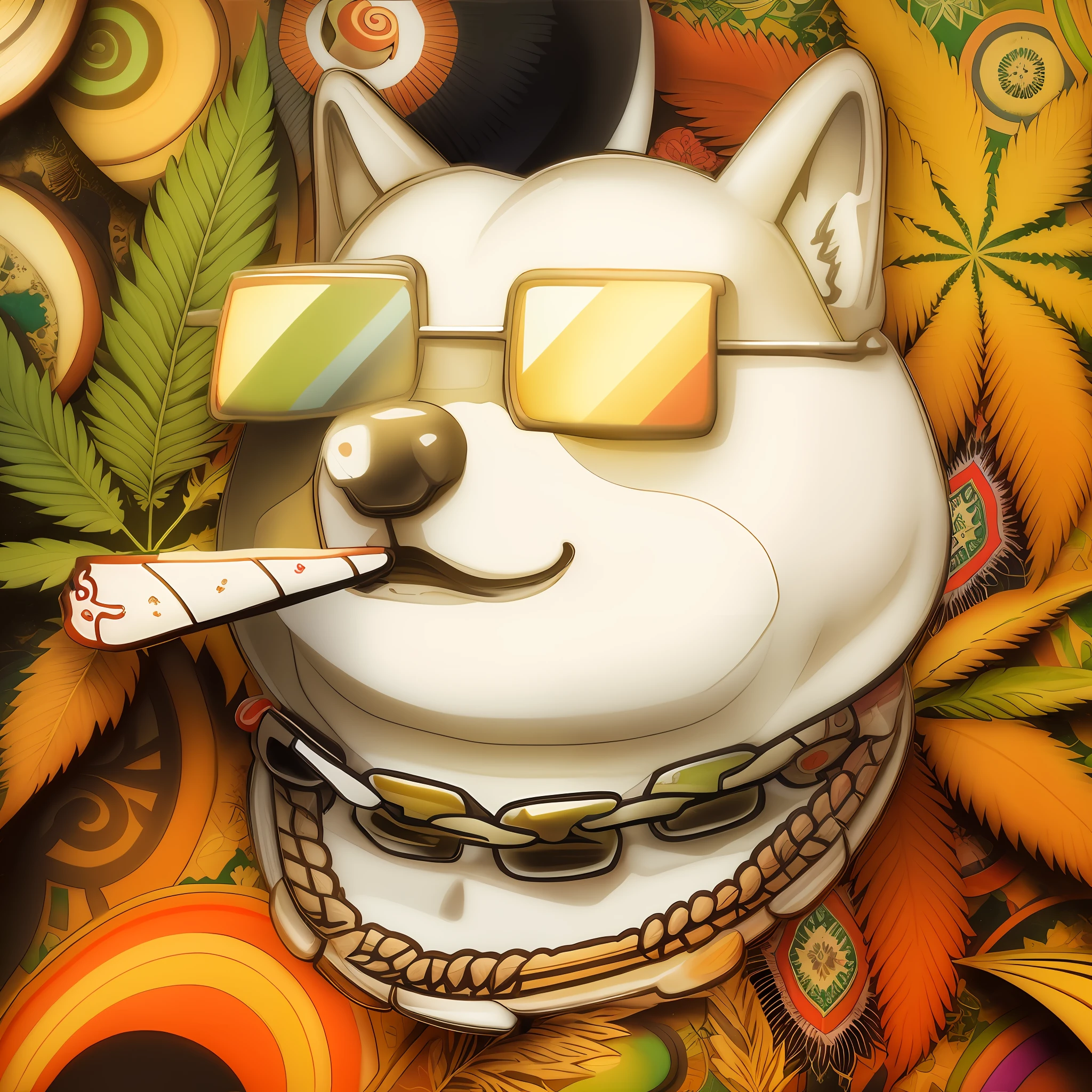 cachorro shiba, fumando maconha, fundo psicodelico de ervas, folhas de cannabis, cores vibrantes, detalhes detalhados, textura rica, arte, illustration, Unique style, Psychedelic Effect, abstract pattern, arte de rua, spray, smoke texture, olhar expressivo, pelo macio, realismo, arte pintada, desenho detalhado