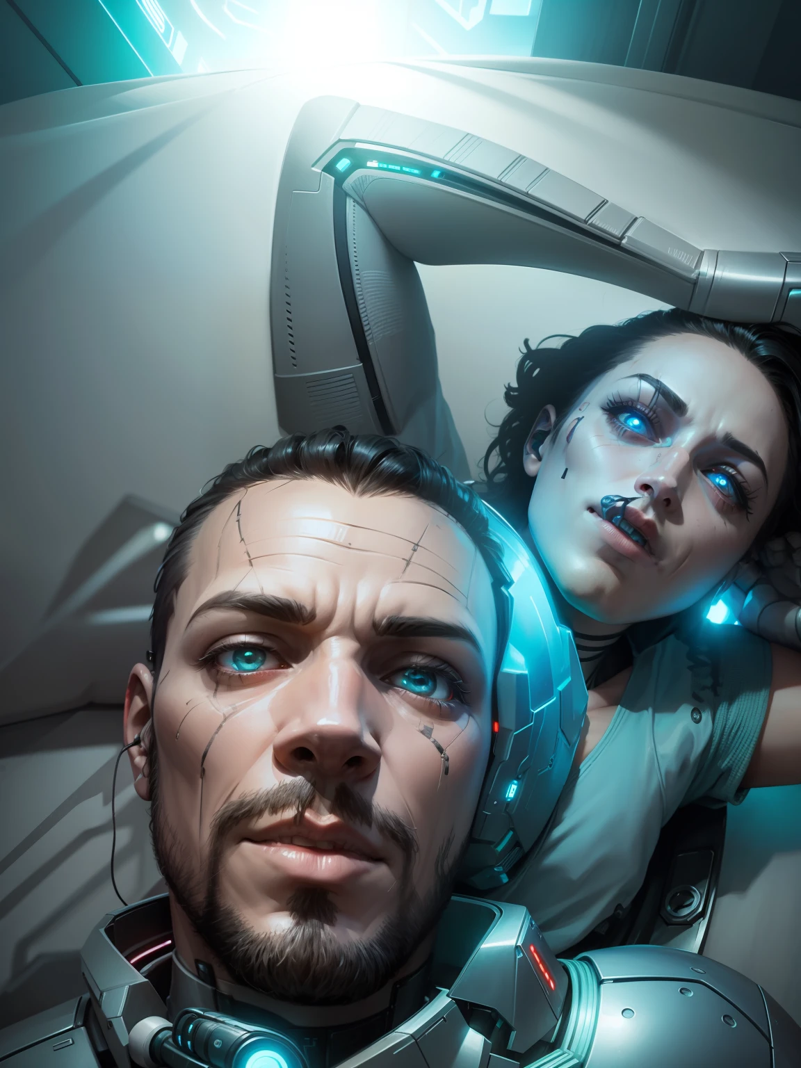 Cyberpunk robots half man half machine self futuristic home ( cama )