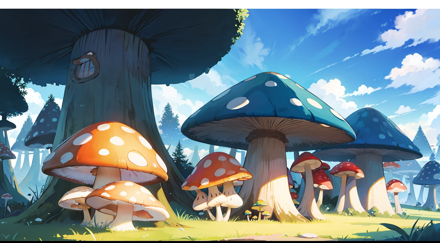 fantasy mushroom forest cartoon picture book illustration mushroom hut,with blue sky and white clouds