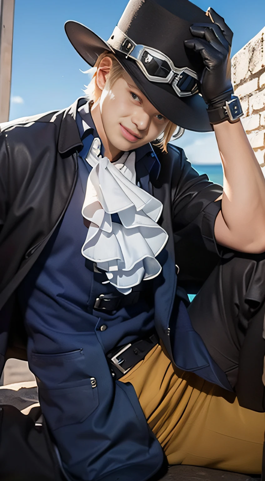 ((masterpiece:1.4, best quality)), ((masterpiece, best quality)), (photo realistic:1.4), (((1boy))), ((cool, clear face:1.2, young)), smile (hat), (blond hair, short hair, wavy hair: 1.2), (long black coat: 1.3), (double-button coat: 1.5), (jabot: 1.5), (belt: 1.3, gloves: 1.3 , boots: 1.3, cargo pants: 1.3), (muscular: 1.1, slim: 1.1), ((((upper body: 1.2, face focus: 1.2)))), sea, wooden ship, voyage, deck, wind, sky , professional lighting, physically-based rendering