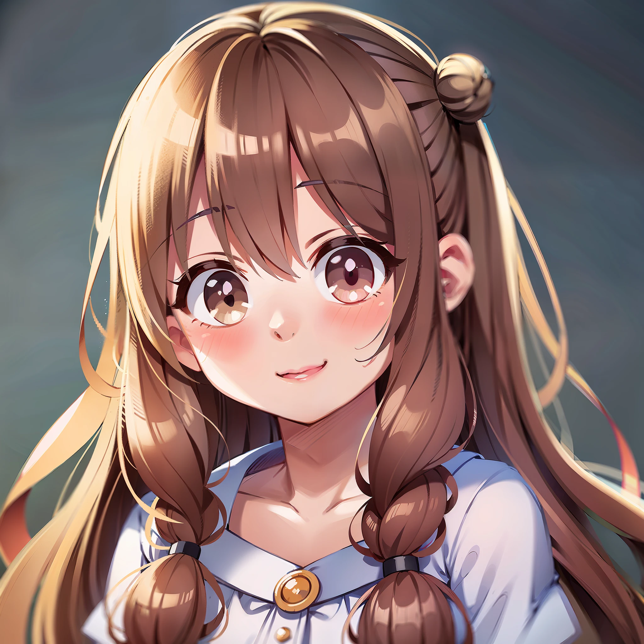 cute anime little girl, portrait from chest up, closed lip smile, rosy cheeks, big bright shiny eyes, slightly wavy hair, 4 years old, soft lighting, simple background, high resolution