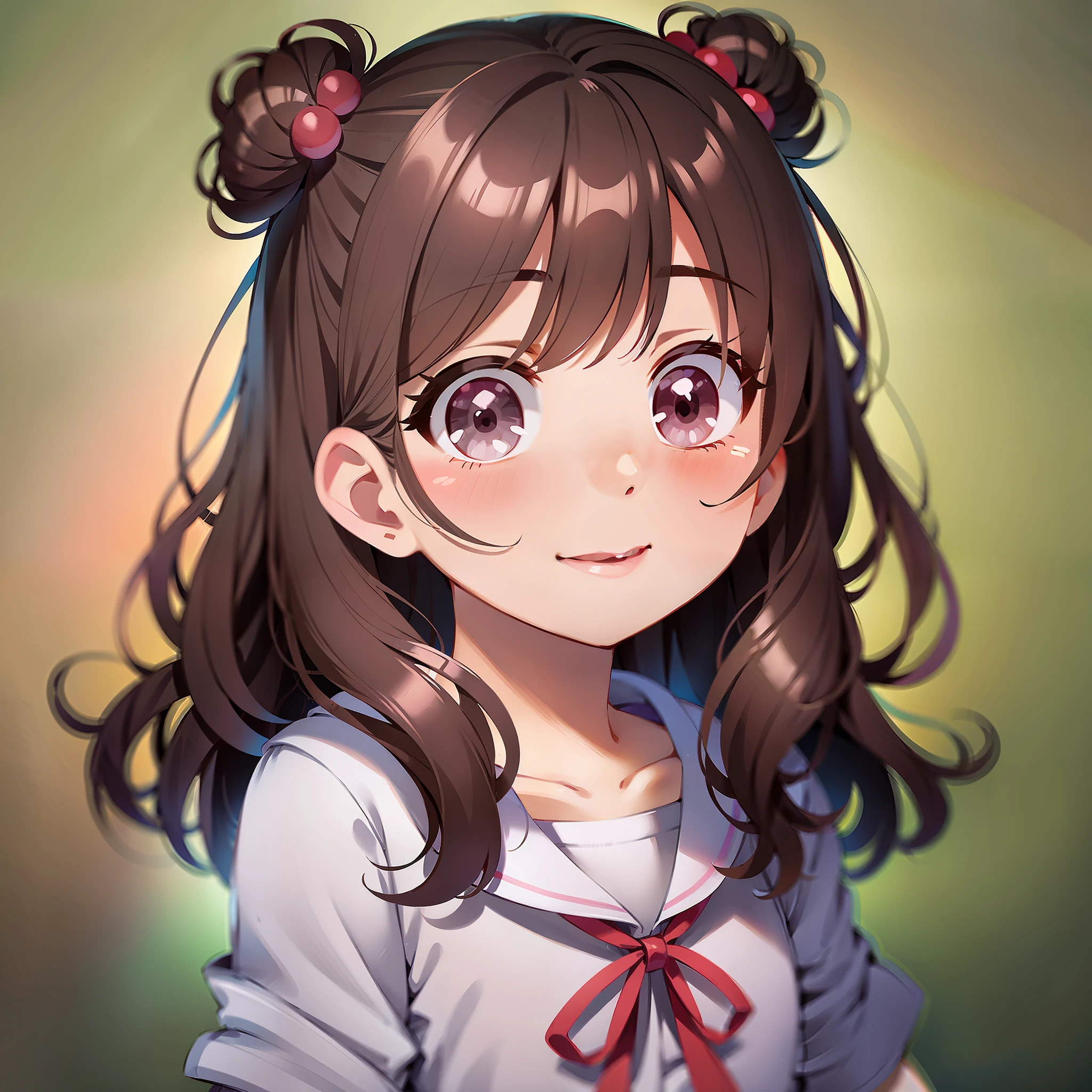 cute anime girl, portrait from chest up, closed lip smile, rosy cheeks, big bright shiny eyes, slightly wavy hair, 4 years lighting, simple background, high resolution