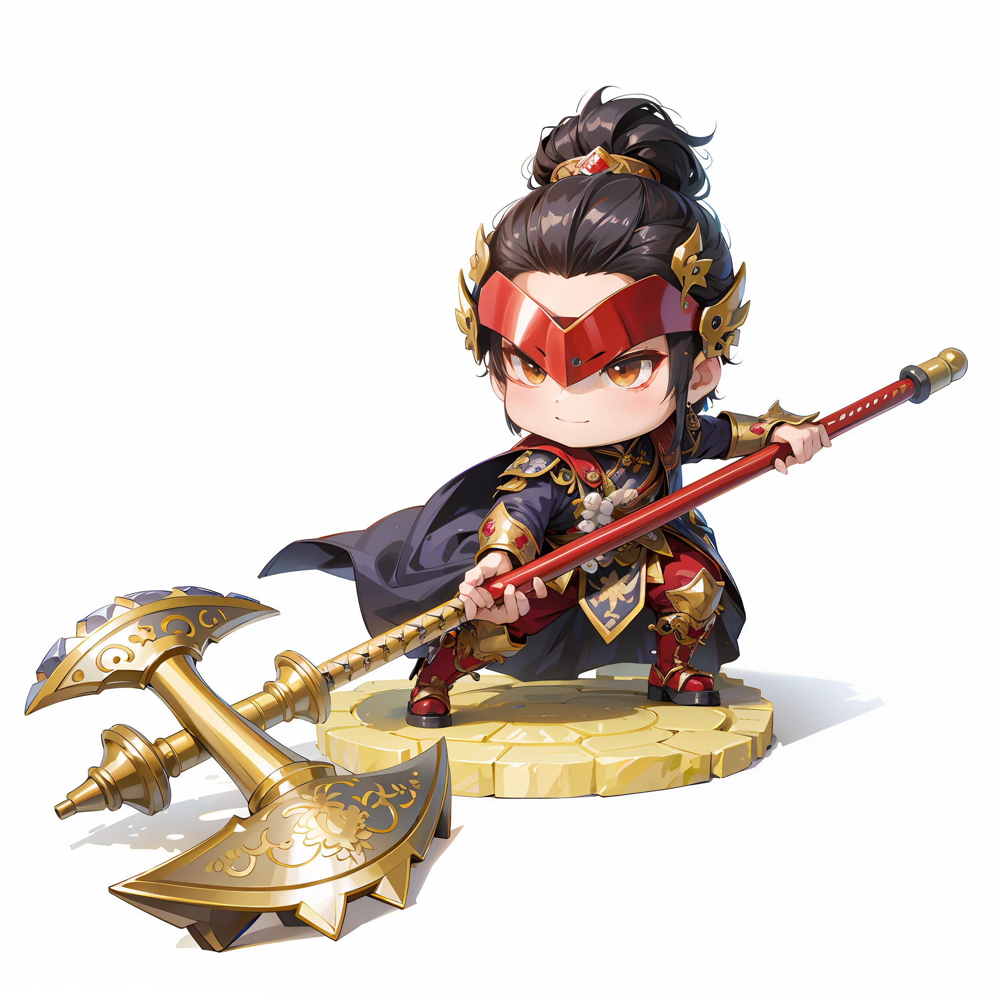 male people，Chibi anime characters，battleaxe，Chinese style，Chinese costumes，Chinese shoes，Refinement，Cloak，Chinese pattern，Silver armor，Horse steps，high definition detail，infinite details，tmasterpiece，HighestQuali，8K