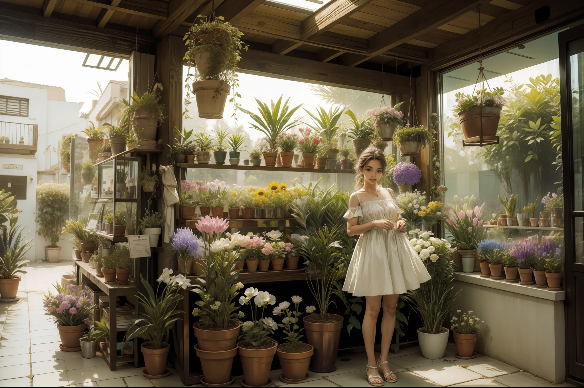 Uma pequena floricultura, com flores na janela, um sinal verde saindo da vitrine, plantas e flores bonitas e margaridas