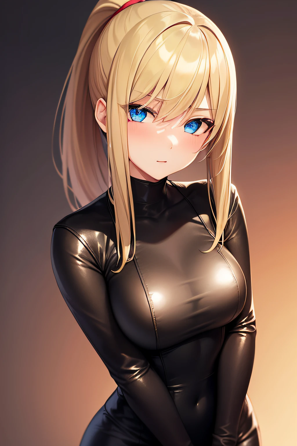 (masterpiece, best quality) 1.5, 1girl, solo, (sexy, beautiful woman, perfect face, perfect eyes), samus aran, black leather dress, (blue eyes, long blonde hair, ponytail)