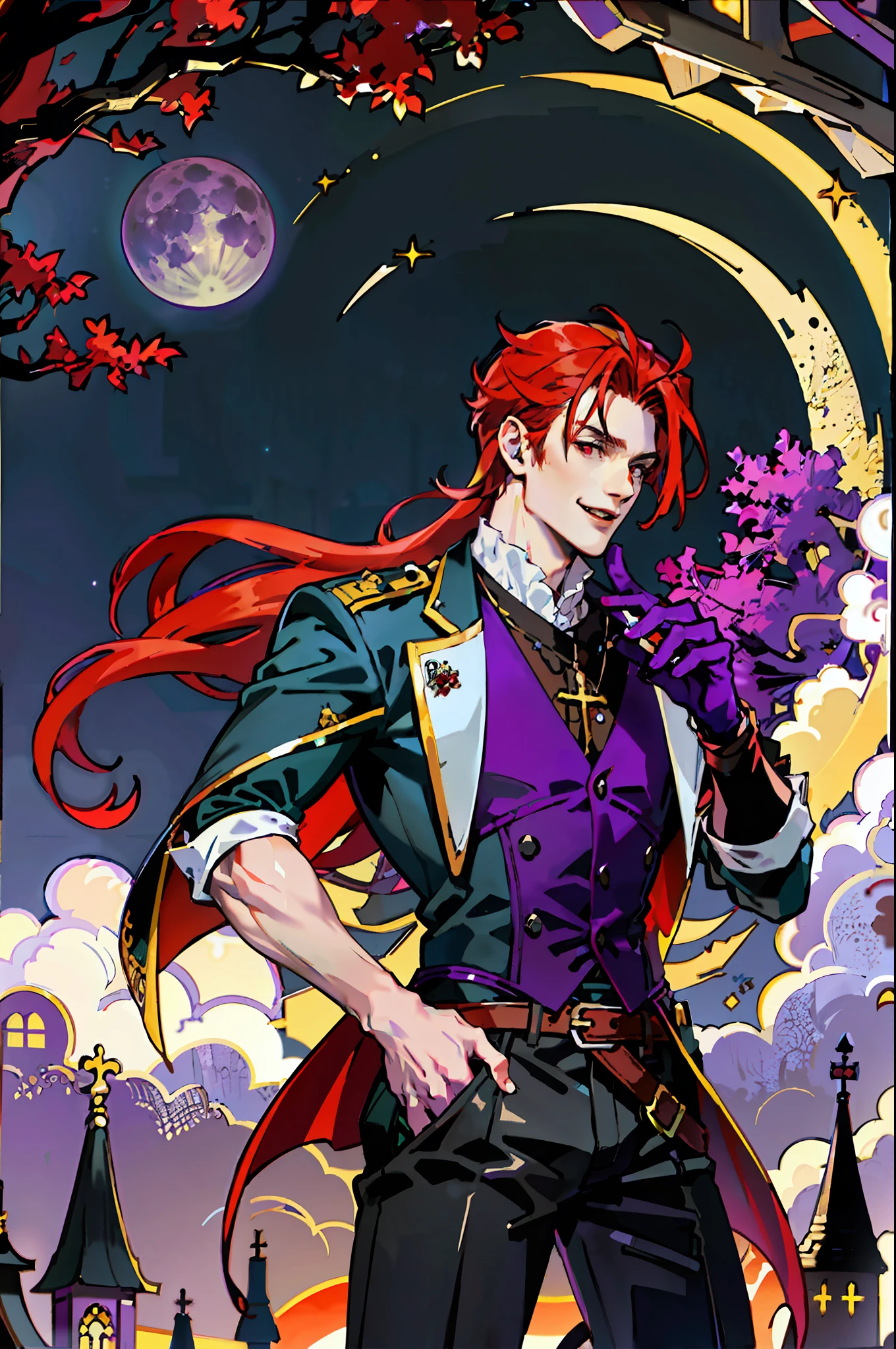 Vampires, ancient costumes, elegant, noble. He was smiling friendly, showing fangs, vivid red hair, red eyes blazing against perfect skin. In the background is a purple church window, with moonlight reflecting in the background. All of this is in a beautiful and dark light, making it look amazing. ((Purple Moon))) Clear face) Perfect hands), his body is toned, attractive, even though he's dressed, it's visible, there's a mass of padding in his crotch.