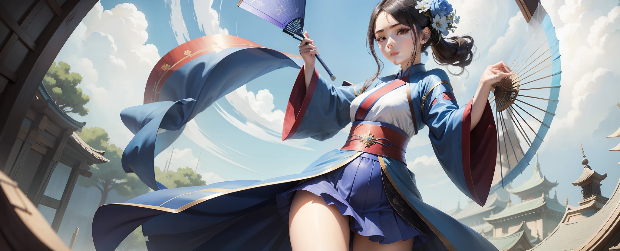 Two-dimensional woman in blue hanfu skirt holding a fan anime beauty