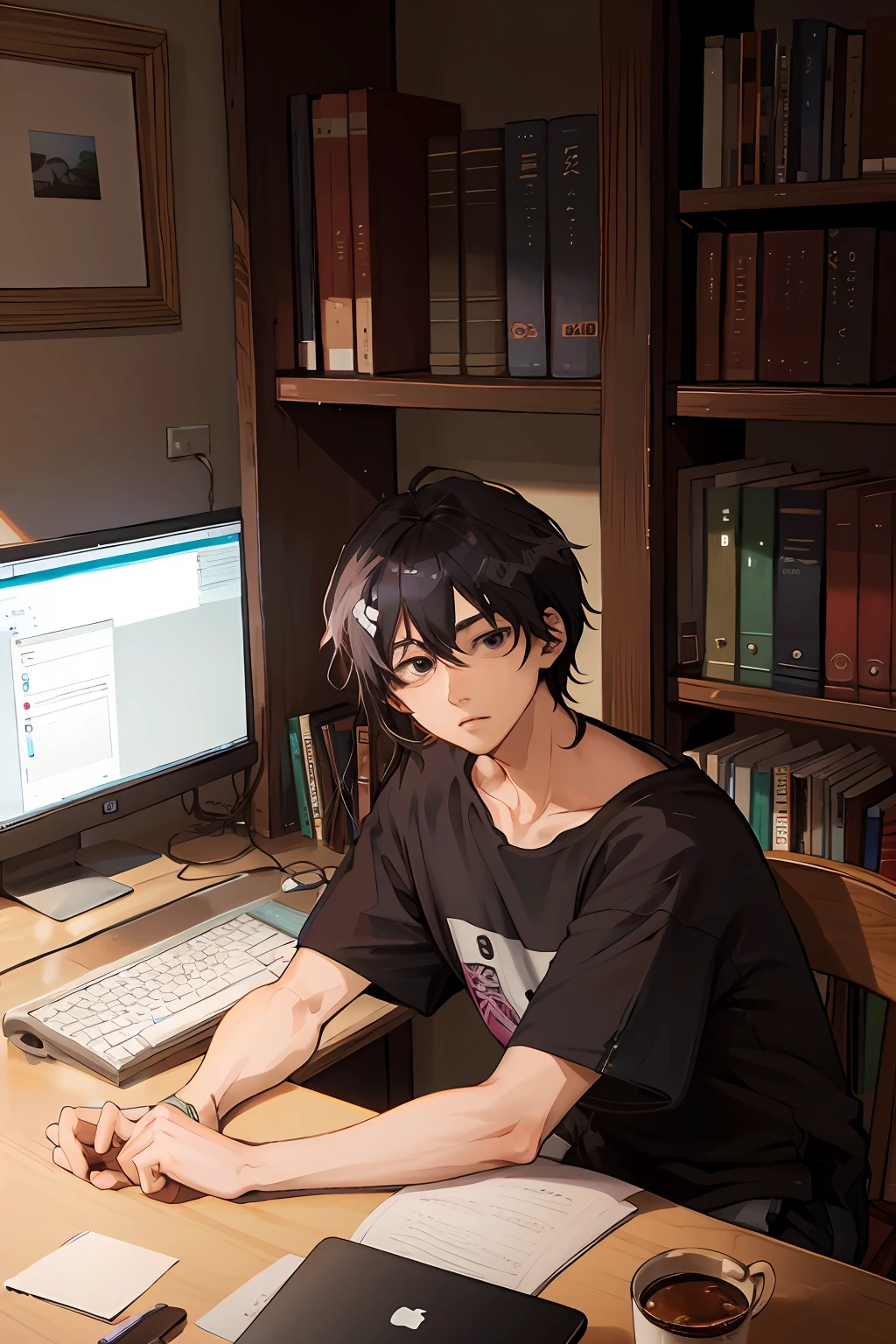 High quality1.5,there is a man sitting at a desk with a laptop and a computer, By Shinkai Makoto. a digital rendering, young anime man, High quality anime art style, digital anime illustration, In front of a computer, sitting at his desk, Anime. Soft lighting, digital anime art, 4k anime wallpaper, makoto shinkai art style, anime style 4 k