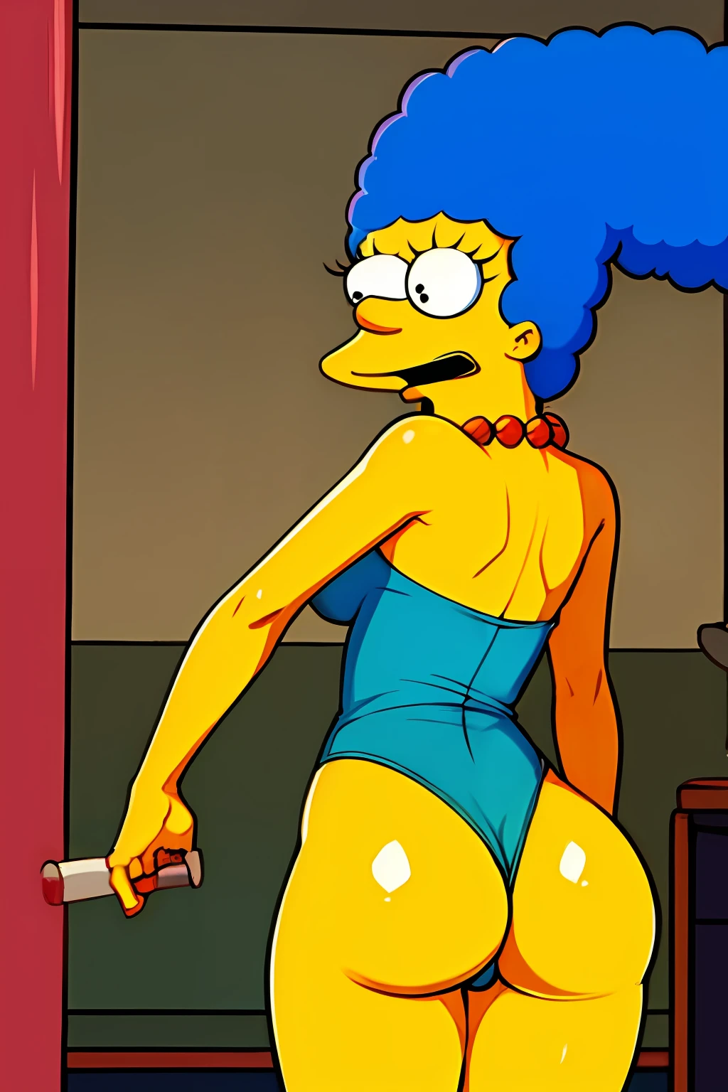 marge simpson, blue hair, afro, red necklace, medium breasts, colored skin, yellow skin, ass, ass focus, ass grab, skindentation
