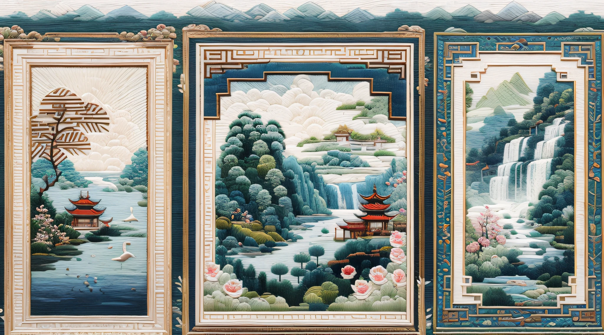 Needle point embroidery，（Cross-stitch landscape，Embroidered landscape），Antique game scene design，white crane，lotuses，waterfallr，A blue sky，White cloud，OC rendering of Chinese landscape painting