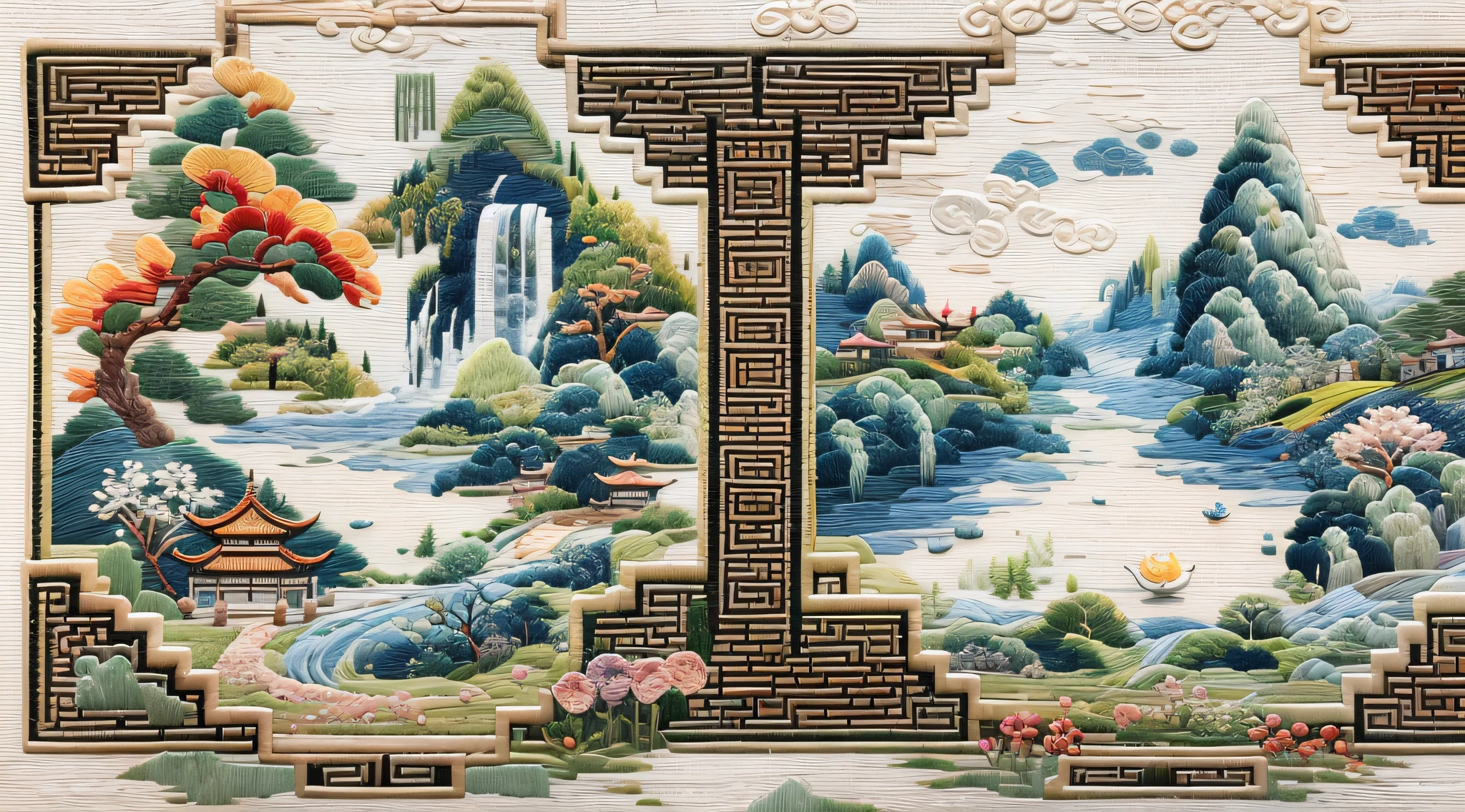 Needle point embroidery，（Cross-stitch landscape，Embroidered landscape），Antique game scene design，white crane，lotuses，waterfallr，A blue sky，White cloud，OC rendering of Chinese landscape painting