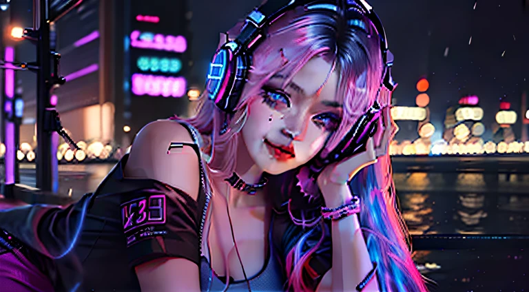 Rainy night in cyberpunk city，Flashing neon，Game CG，Expression charts，photographed，colorful refraction，Colorful，Dark blue hair，Seductive smile，Beautiful eyes，Redlip，The shirt，hot pant，Breast headphones，Stretch