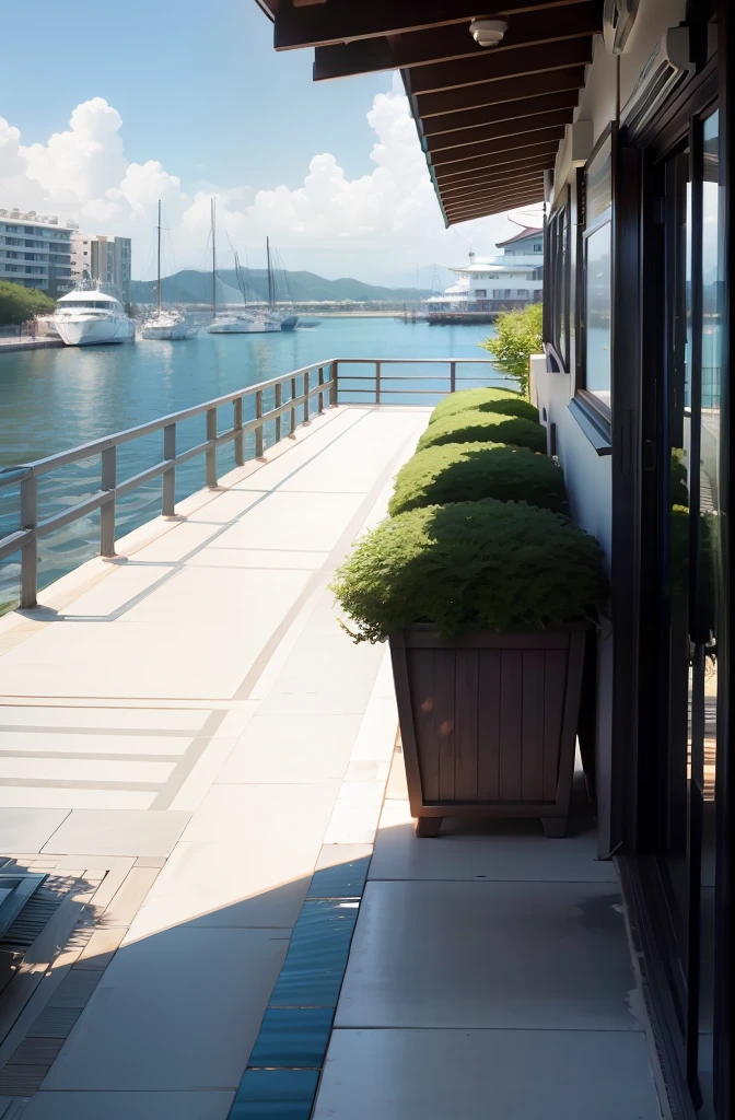 Foster waterfront style、Marine elements、Fresh colors、Relaxed atmosphere、Natural light。