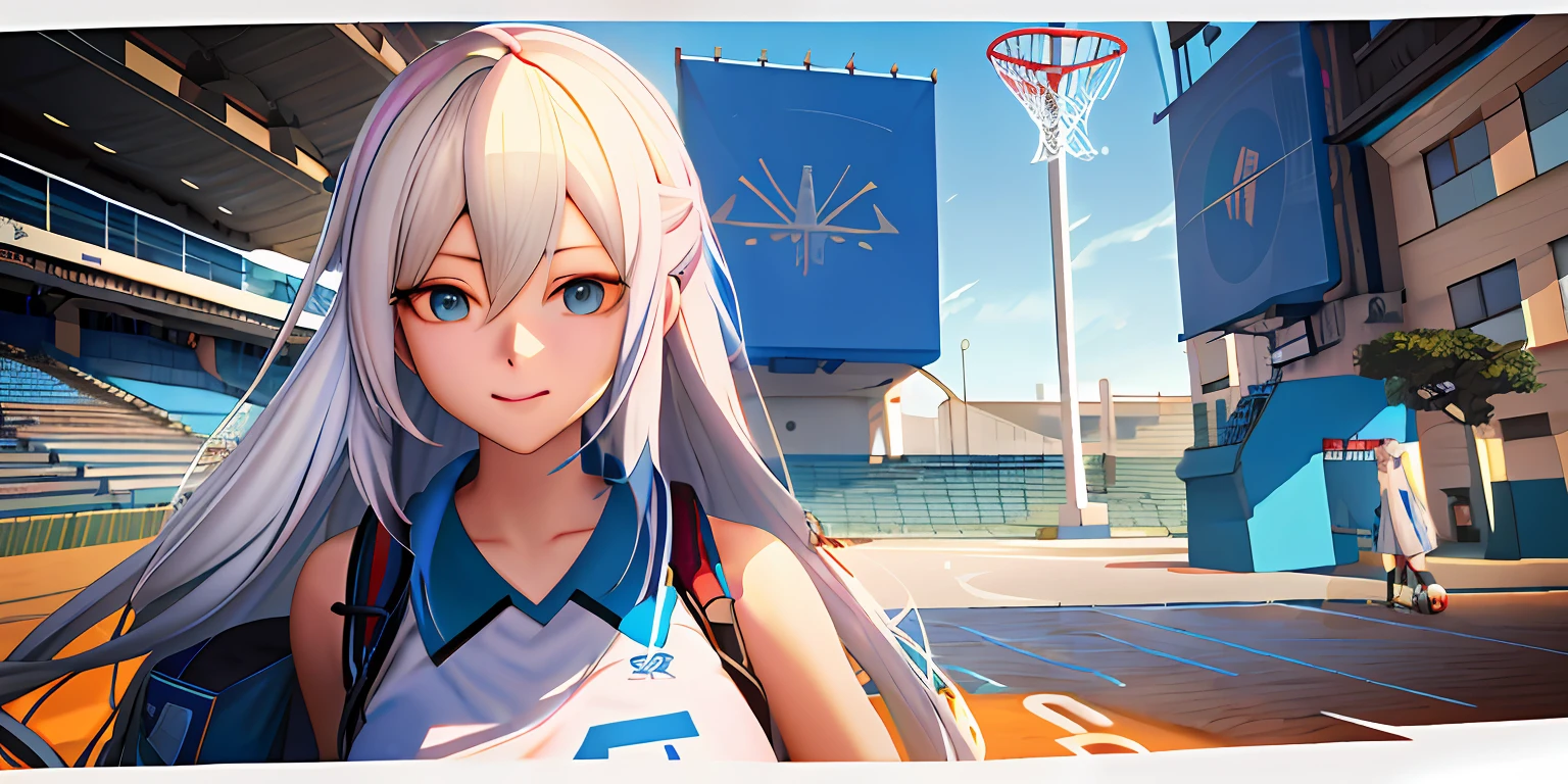 Anime girl with long white hair and blue eyes standing in front of basketball court, volley court background, Smooth anime CG art, style of anime4 K, Digital anime illustration, Realistic anime 3 D style, Girls Frontline CG, Guviz-style artwork, trending on artstation pixiv, Beautiful Anime High School Girls, Guweiz on ArtStation Pixiv