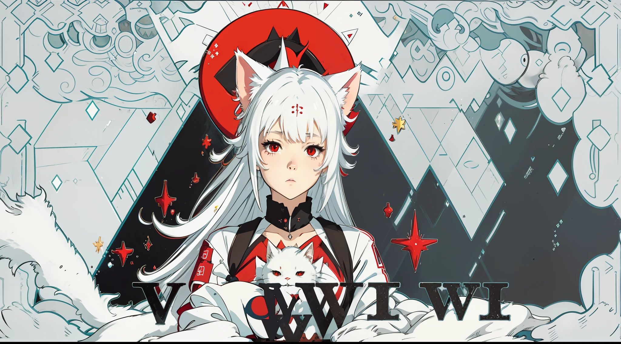 schoolgirls,Depressive,White color hair,Red-eyed pupils,quadratic element,nothing background ,Cat ears,