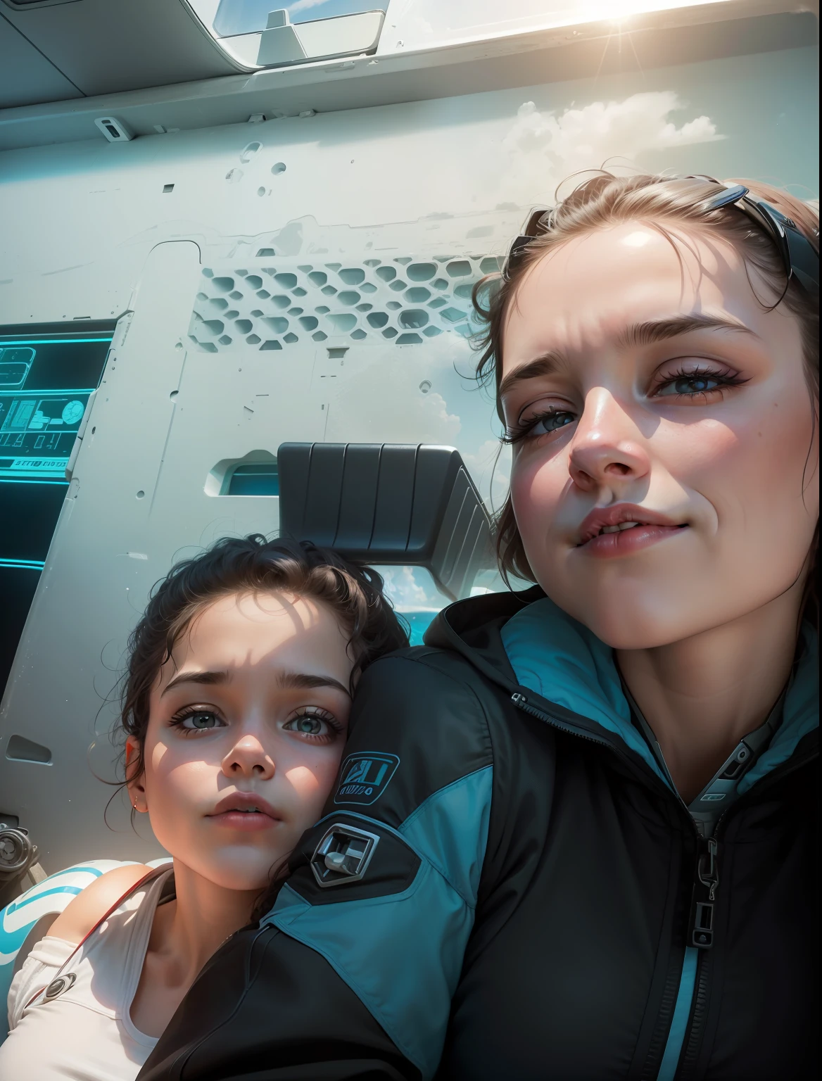 A 30-year-old woman sitting there next to a child. The photo is futuristic in high definition quality. 8k. Deep there is a blue sky with white clouds.