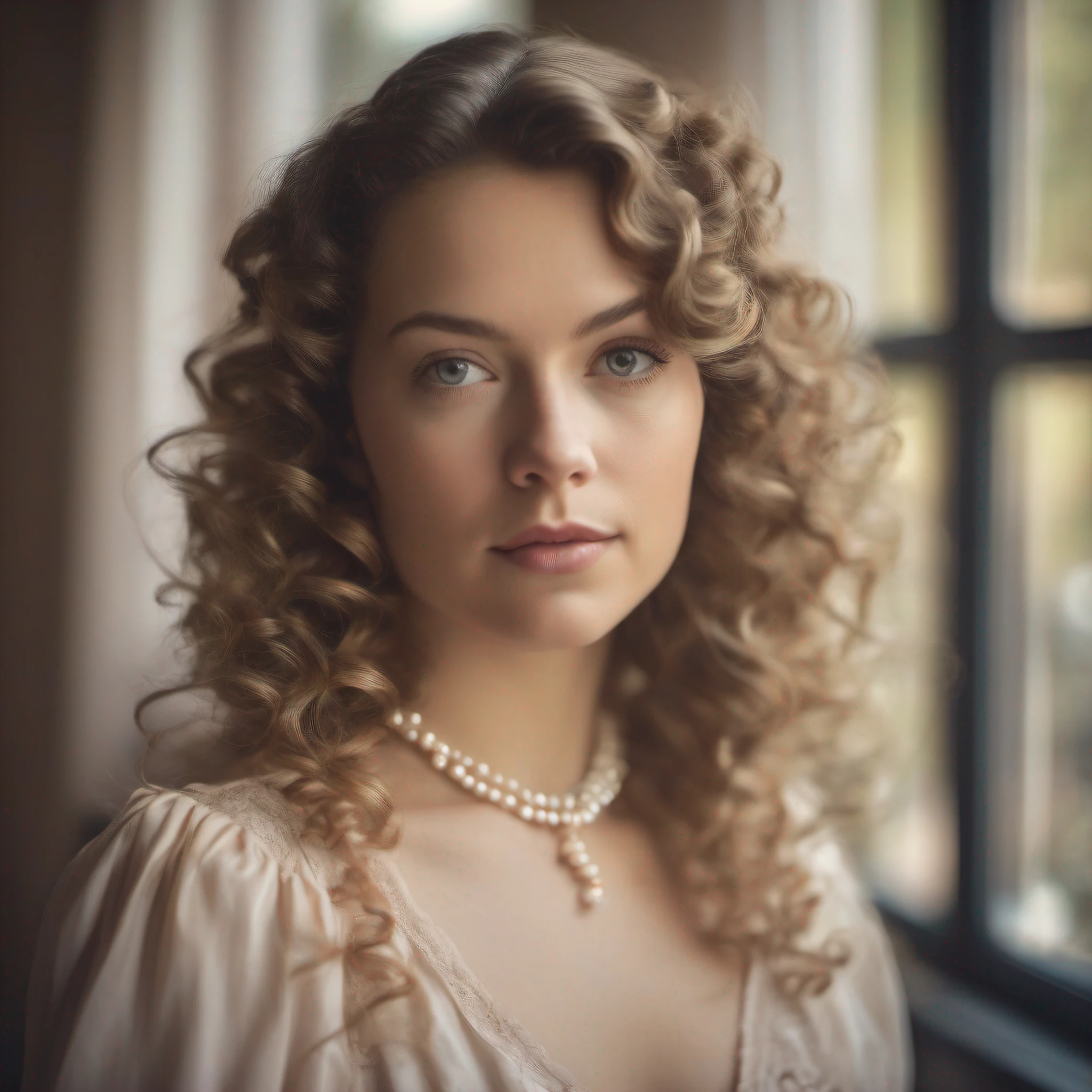 "Classic portrait of a young woman in a vintage style dress, pearl necklace and soft curls in her hair, looking directly at the camera. Her expression is serene and there is a soft, natural lighting emphasizing her features. Background is blurred, focusing on the subject. Captured with Canon EOS 5D, 85mm lens, ISO 200, f/1.2, soft, late afternoon light filtering through a window."