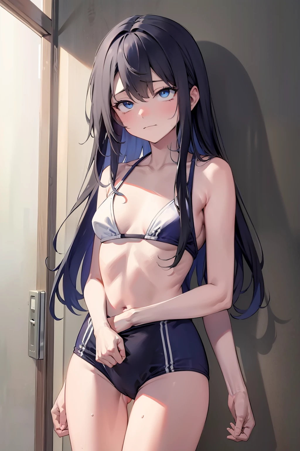 tmasterpiece,best qualtiy,tmasterpiece,best qualtiy,offcial art,the Extremely Detailed CG Unity 8K Wallpapers,traditional_Mediums,Kizi,,black hair band,long whitr hair,whaite hair,eBlue eyes,Small breasts,School swim wear,Expressionless,swimmingpool,low-tied long hair,straight on,Pupil of the slit