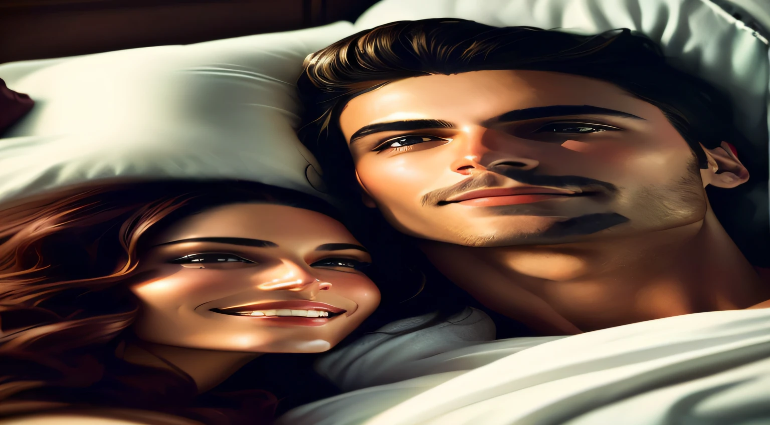 They're lying in bed together and smiling at the camera, capa de romance, Fechar cena, bonito impressionante realista, pintura digital realista, Directed by: Galen Dara, airbrush digital oil painting, pintura digital fotorrealista, digital illustation