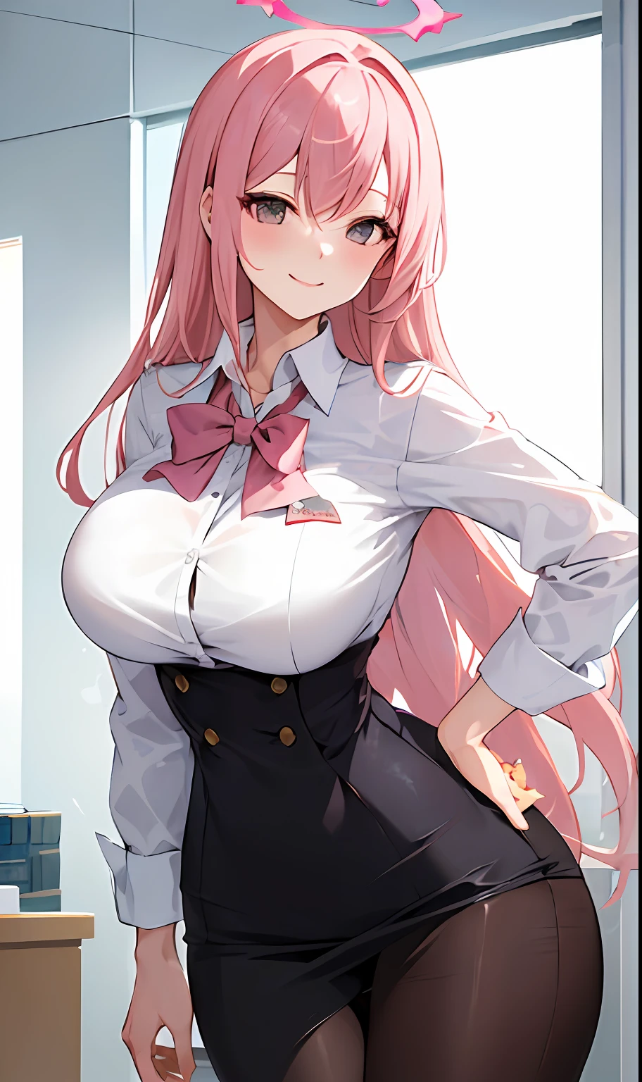 ((masterpiece, best quality)), (1girl),((mature female)), lightpink hair, halo, horn, ((office lady )),bangs,middle breast,(busty),slim,smile, [wide hips],office,standing, aru \(blue archive\),