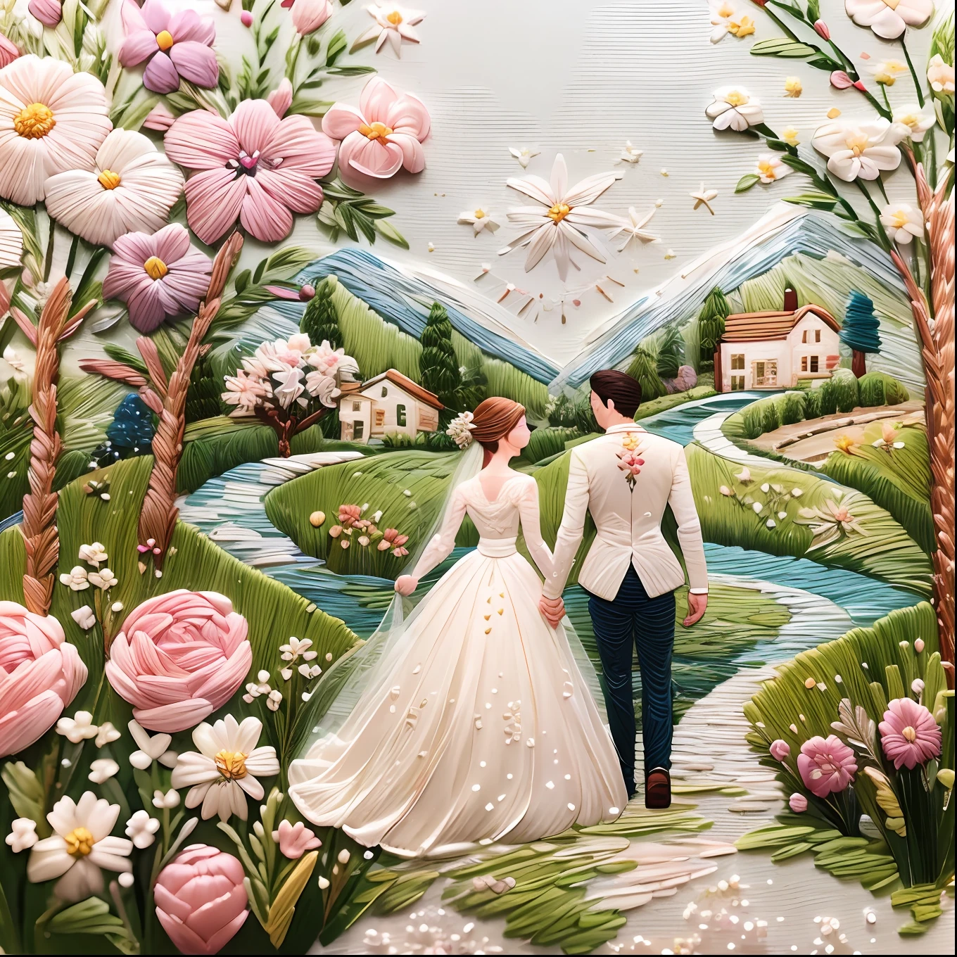 Embroidered landscape，Needle-pointed thistle embroidery，A couple in a wedding dress（a young man and a woman）），Small broken diamond decoration、blossoms、balloons、Streamers、Beautiful clear face，Convivial and romantic atmosphere、simply white background，tmasterpiece，best qualtiy