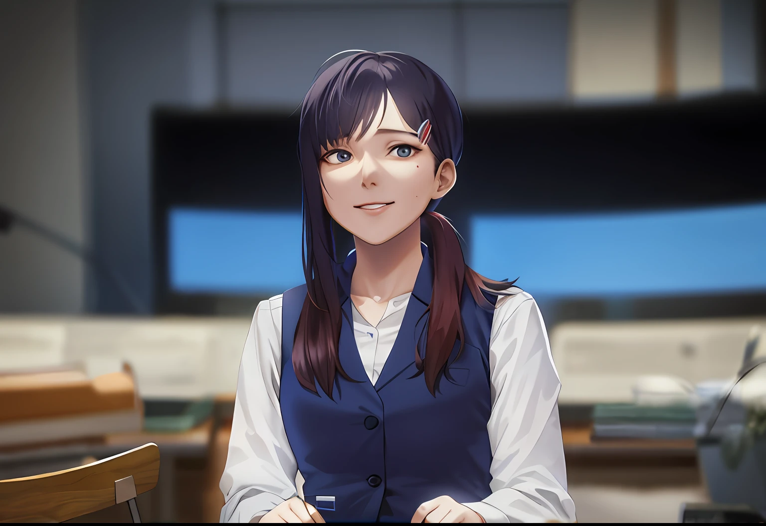 Arad woman sitting at desk in a white shirt and blue vest,Lee Ji-eun, journalist photo, omina tachibana