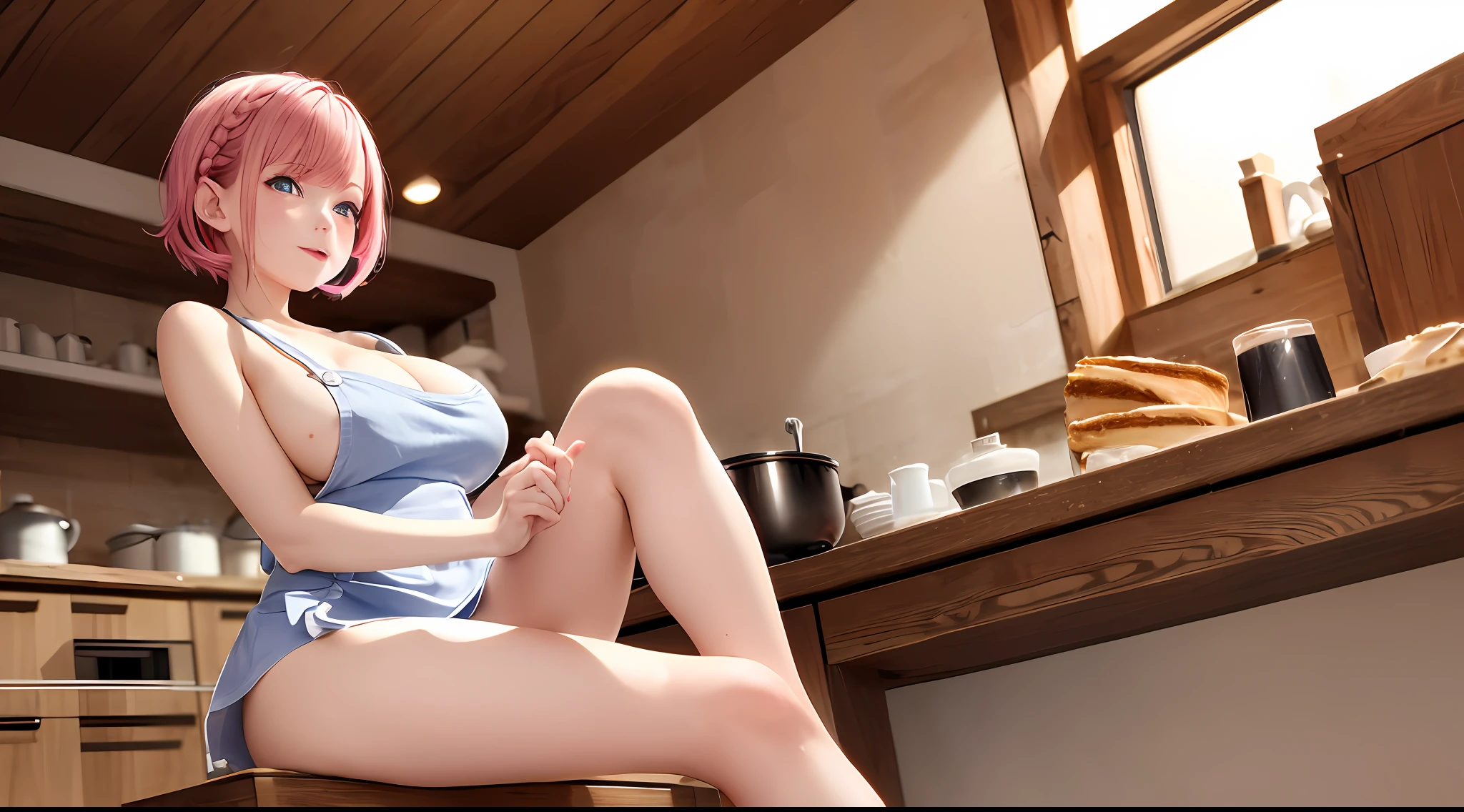 top quality, 8k, masterpiece, top quality kitchen, A woman, pink hair, clear blue eyes, wearing only an apron, short hair, open dress, miniskirt, , sitting in the kitchen, ((legs wide open)) no panties,nipples), holdidpole in one hand, looking down, fresh cream dripping all over the body, slightly shy face, fair skin, side braids, shot from below
