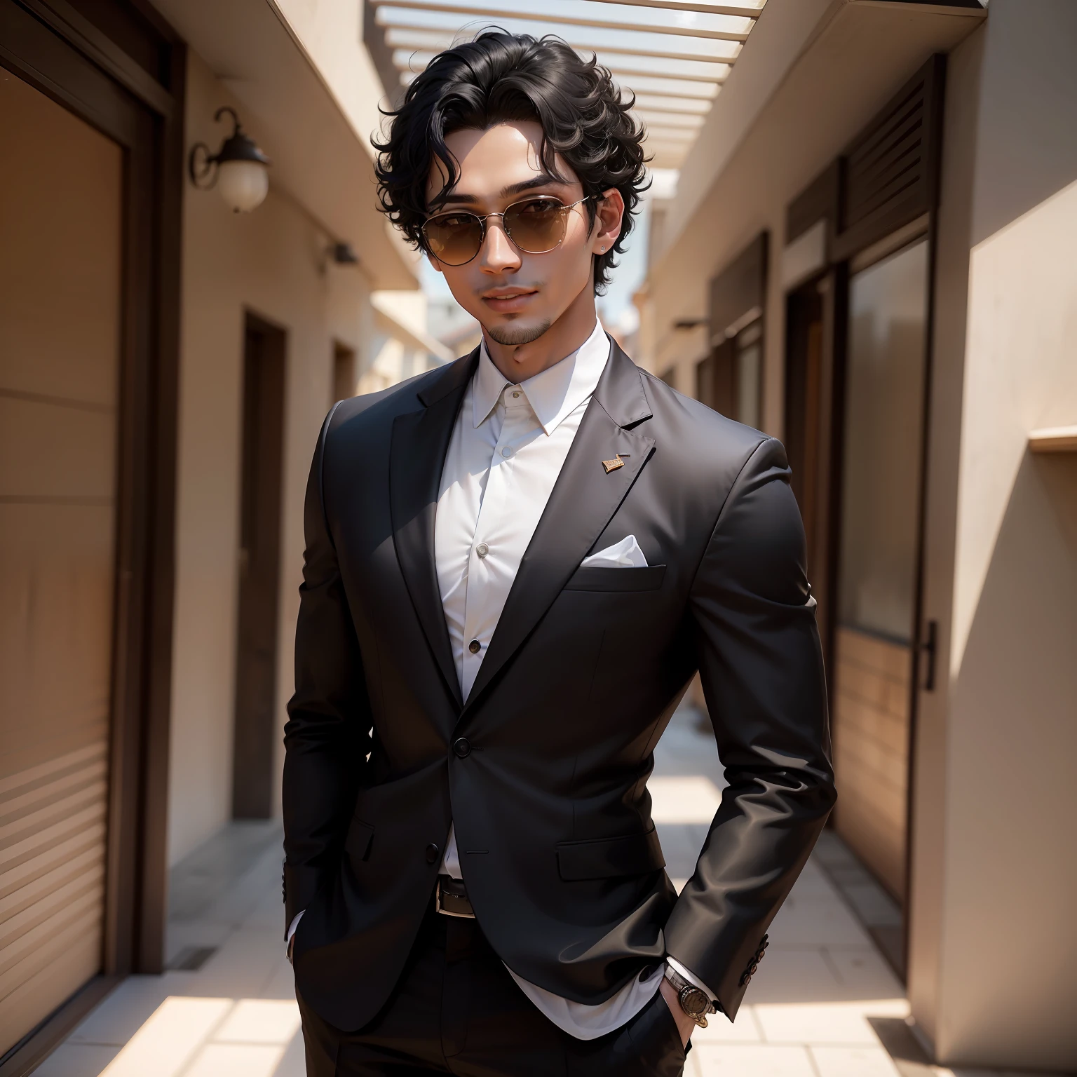 1boy, leo, a man with black curly hair and black round sunglasses, cabelo entre os olhos,posando para uma foto, black business suit, gravata preta, olhos azuis, sorrindo, visible teeth, tiro de cowboy, (obra-prima: 1.4), (melhor qualidade: 1.4), (pele brilhante), realista, East Asian architecture background, olhos detalhados, rosto detalhado,