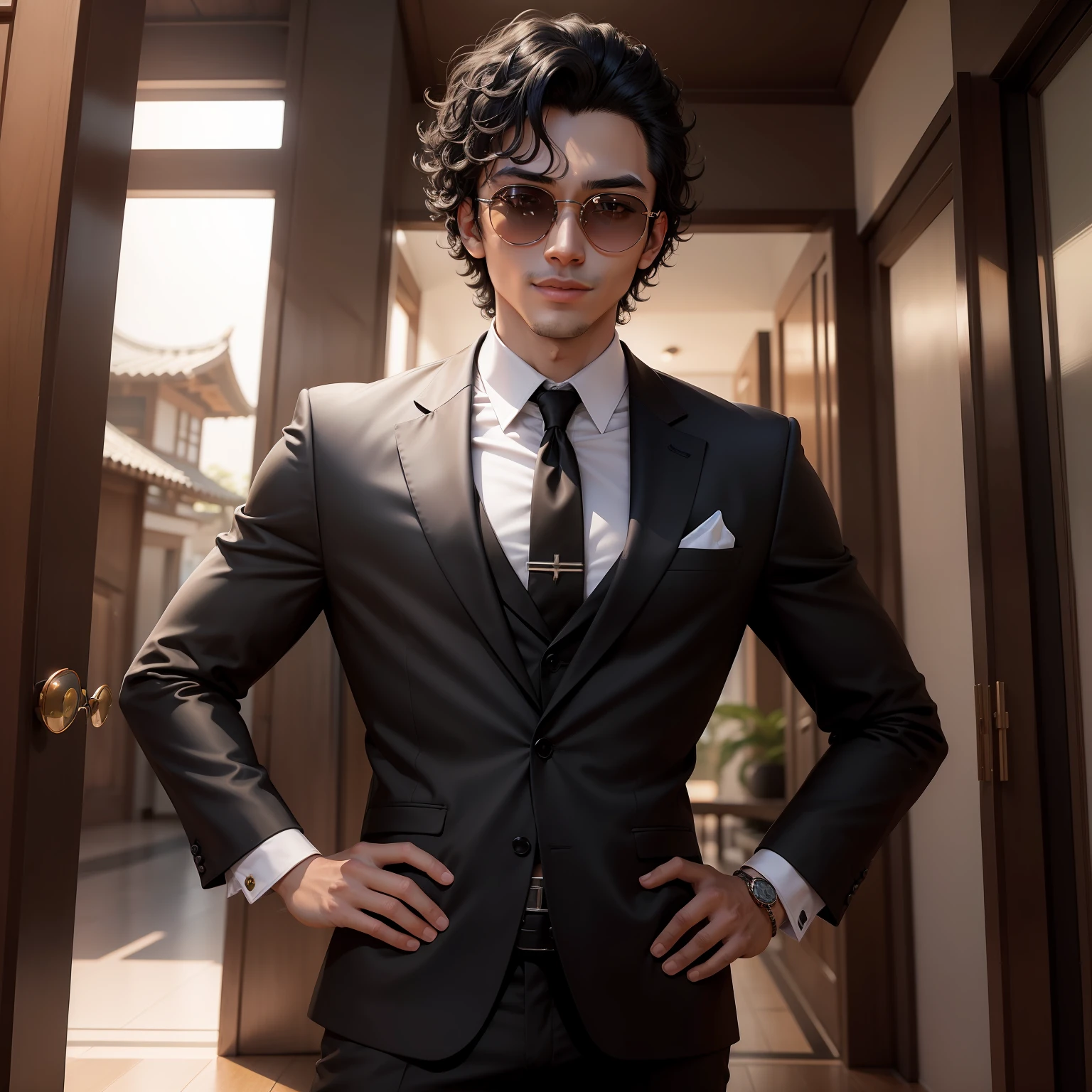 1boy, leo, a man with black curly hair and black round sunglasses, cabelo entre os olhos,posando para uma foto, black business suit, gravata preta, olhos azuis, sorrindo, visible teeth, tiro de cowboy, (obra-prima: 1.4), (melhor qualidade: 1.4), (pele brilhante), realista, East Asian architecture background, olhos detalhados, rosto detalhado,