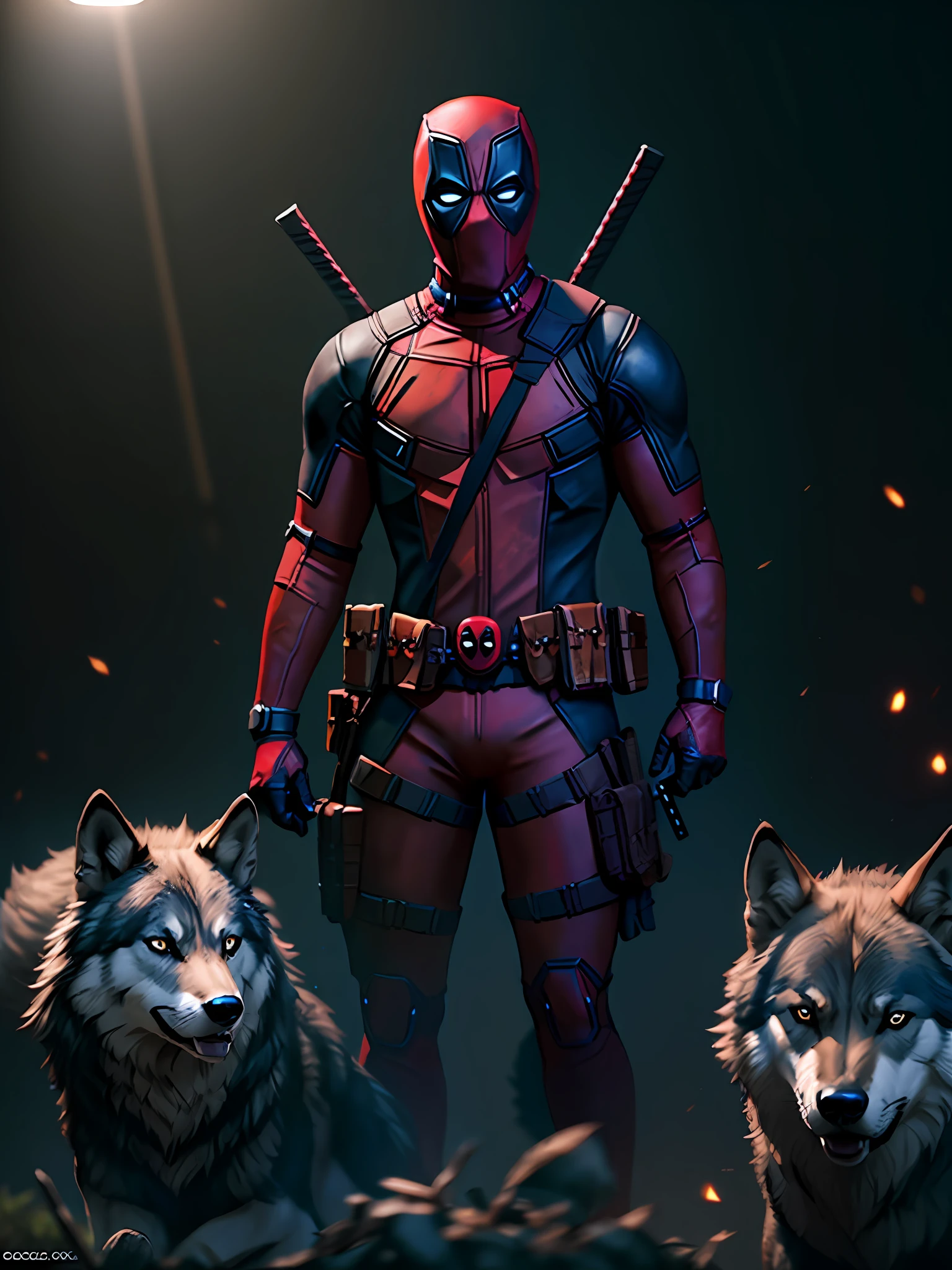 deadpool and wolves, cinematic lighting, hyperrealistic, photoshoot, skin detailed, uhd, cinematography, night