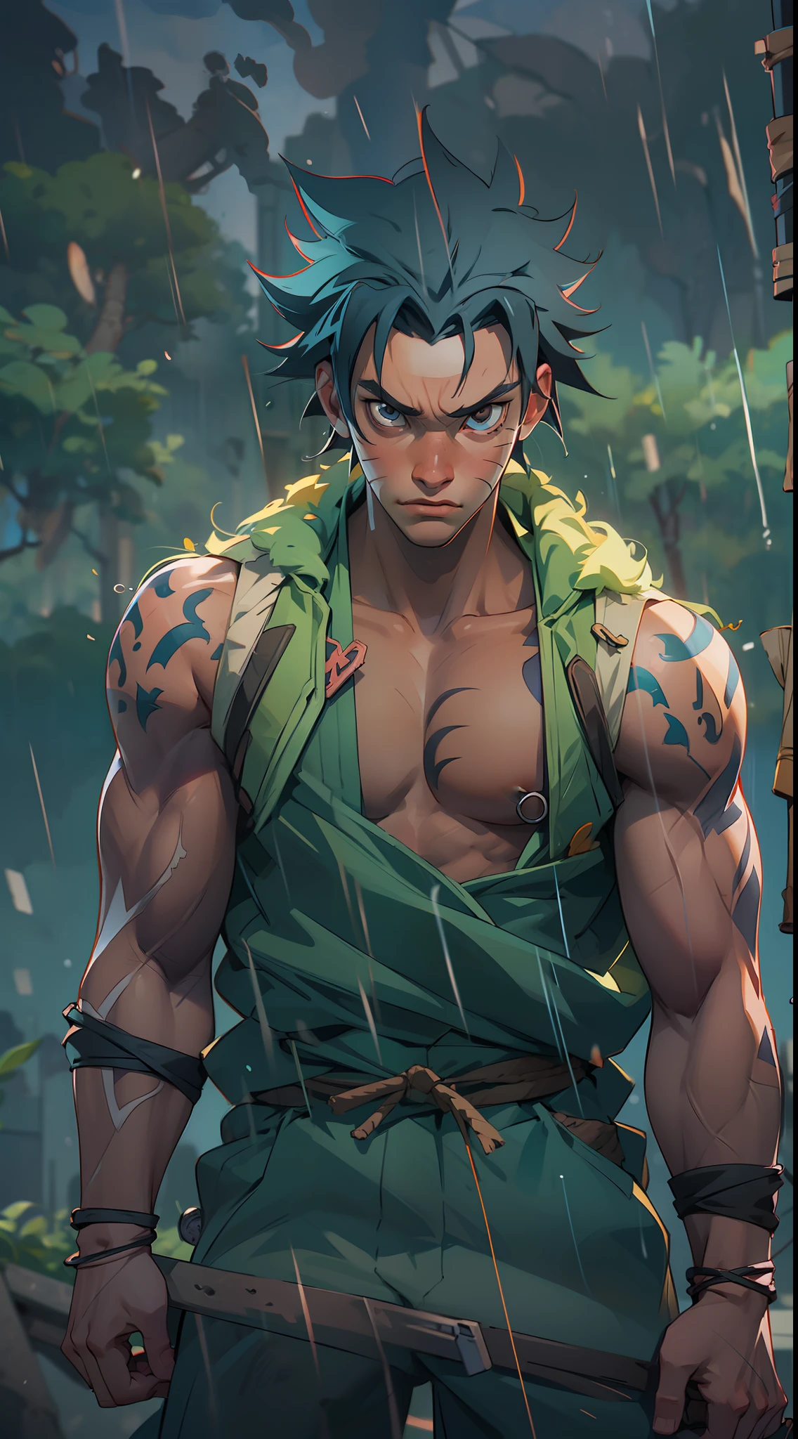naruto shipuden naruto and sasuke, super strong, muscular, raining, 35mm lens, photography, ultra details, precise texture details HDR, UHD,64K,