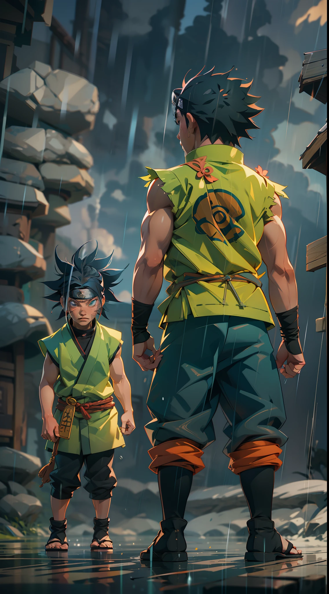 naruto shipuden naruto and sasuke, super strong, muscular, raining, 35mm lens, photography, ultra details, precise texture details HDR, UHD,64K,