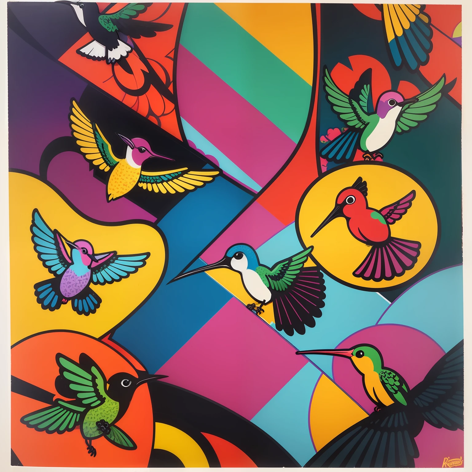 (A Bird Hummingbirds) retratado por ROMERO BRITTO ,High definition 32 K ,detalhes ,muito colorido