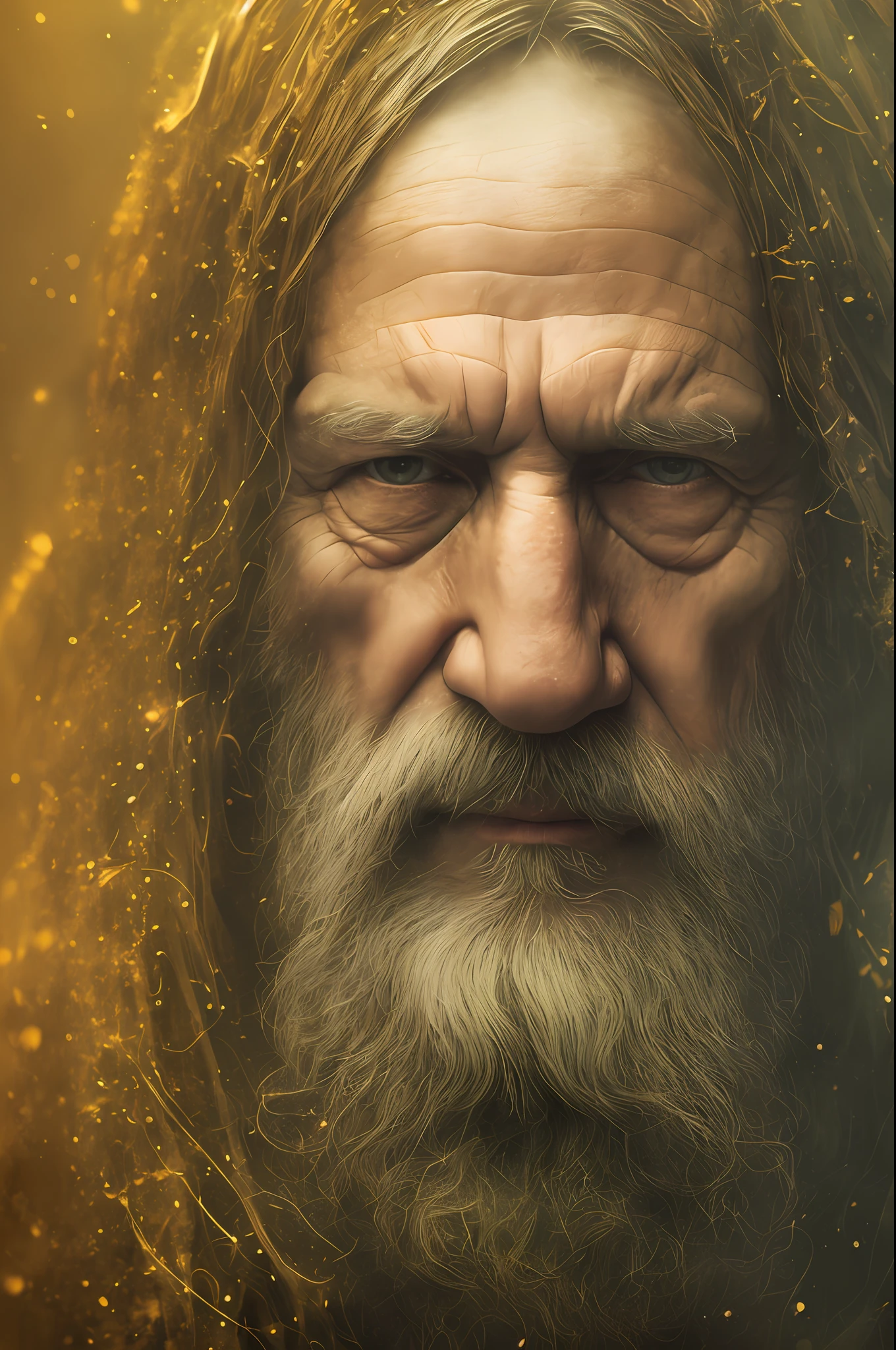 Snow old wizard face portrait, underwater mist, ultra detailed, sharp, by zdzislaw beksinski and migkhail vrubel, mystical ,occult high detail 4K dark and golden smoke background muted colour --ar 2:3 --auto