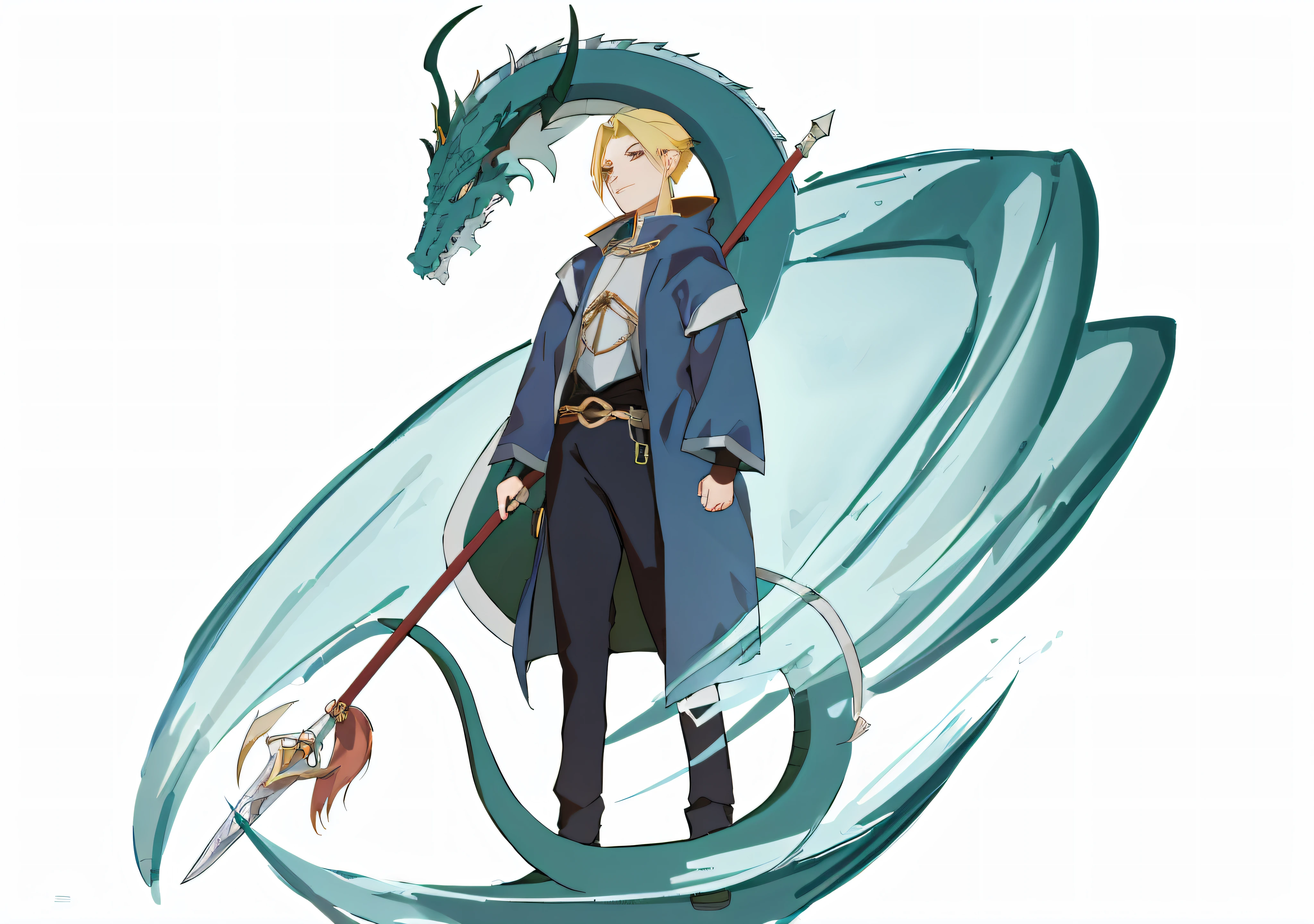 Anime characters standing in front of white background with dragon and sword, human and dragon fusion, as an anthropomorphic dragon, but as an anthropomorphic dragon, anime in fantasy style, elric of melnibone, final fantasy tactics character, inspired in kris from deltarrune, boromir in an 80\'s anime world