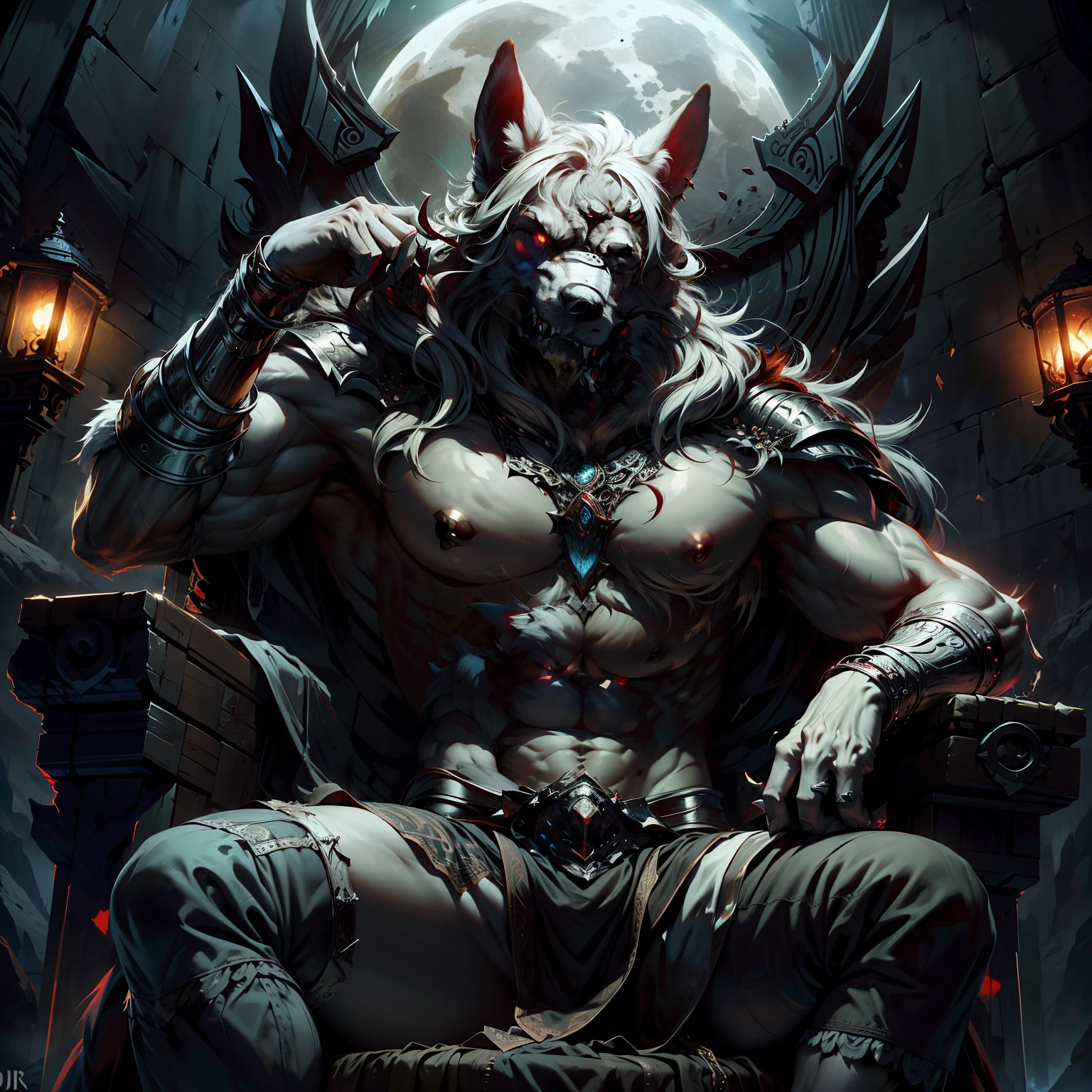 lobisomem, sentado em um trono de pedra, corpo totalmente coberto por pelos prateados, Arte premiada, The Stone Throne contains Norse runes, ele tem peludo prateado, ele usa uma armadura metalizada, armadura extremamente detalhada, armadura com espinhos, The illumination of the moon is present, the ambient lighting is reddish, The werewolf is looking aggressive, The image is for a game avatar