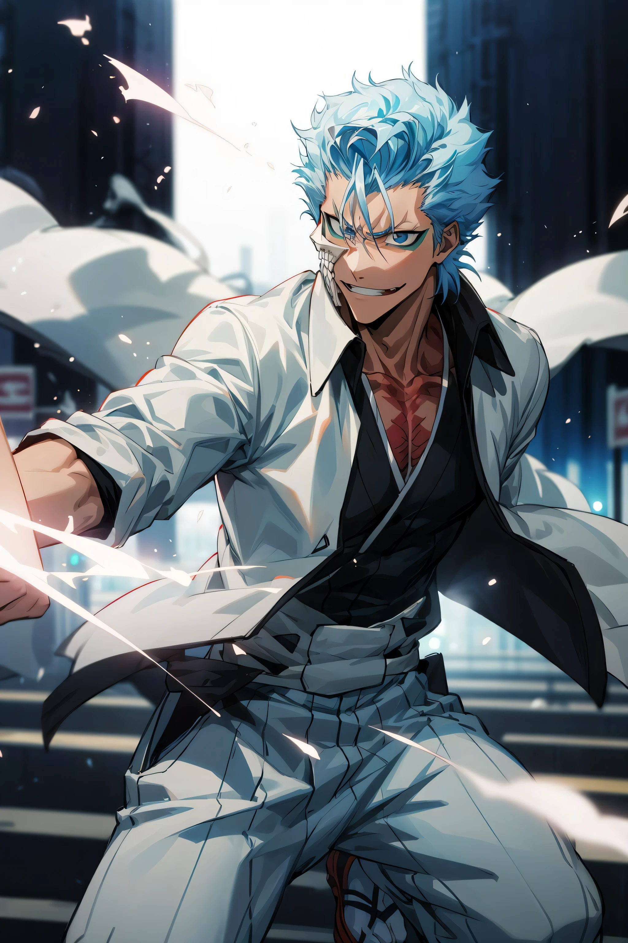 masterpiece, best quality, 1boy, grimmjow jaegerjaquez, at night, night, low light, natural light, fighting pose, white pants, white jacket, smiling with tongue out, damaged clothes, damaged skin, street, japanese street, low light, light rays, aura power, floating particles, doing a power, holding a katana, zanpakutou, angry eyes, angry face, smiling, looking ahead, male focus, strong muscles, movie composition, deth of field, bokeh