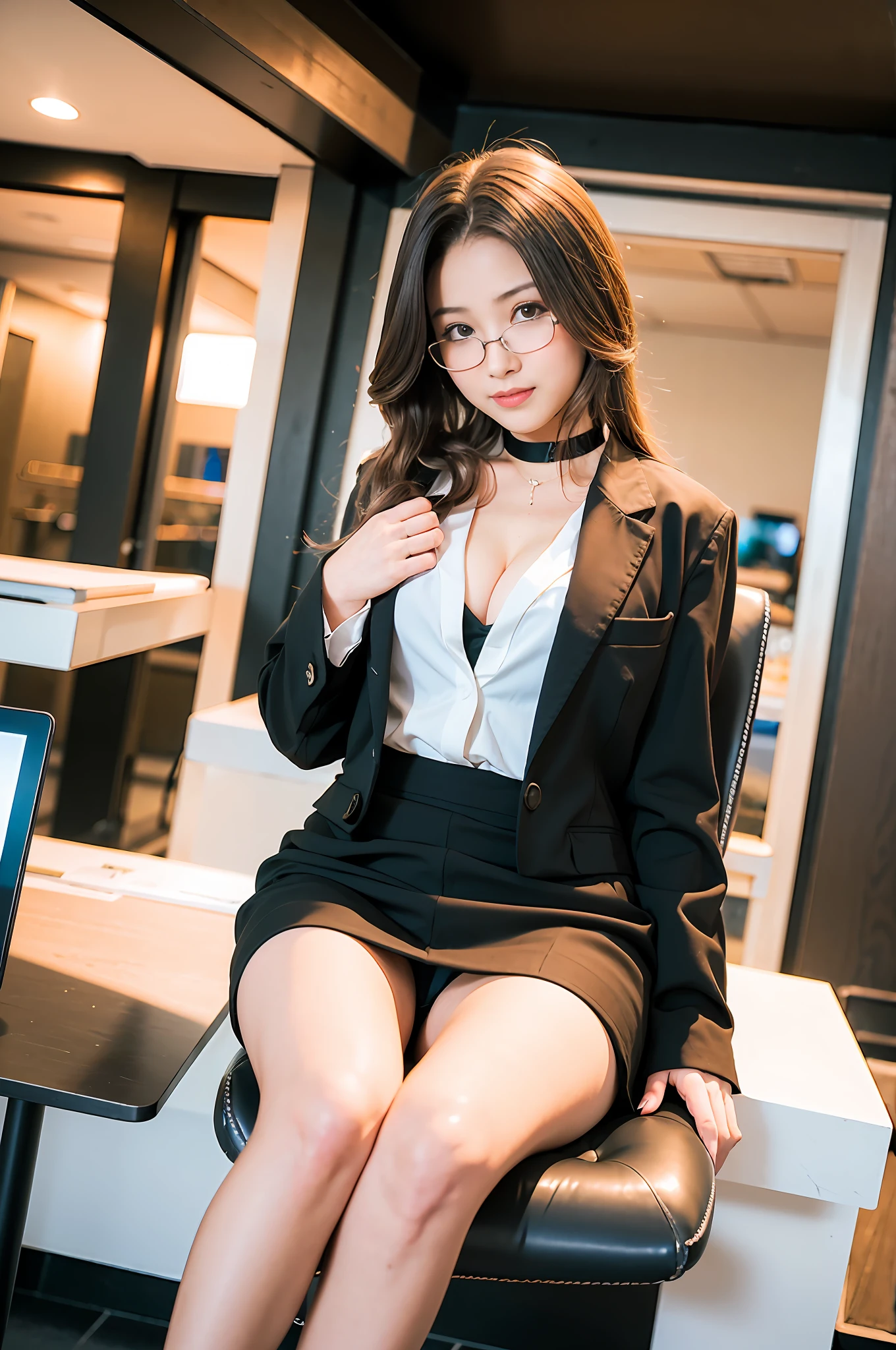 (realisticlying:1.2), 18yo girl, Sexy attire, Sit Pose, Computer classroom（tmasterpiece，best qualtiy：1.2），shot of，独奏，1girll，ssmile，looking at viewert，，Black color hair，eye detailed，formal，Business suit，tiese，choker necklace，city scenery，the street，plumw，Business line，，Refined face，upper legs，stocklings，Eye details，Realistis，hyper realisitc，Raised chest，office room，Sit Pose，Half-sitting，Office desk，chair