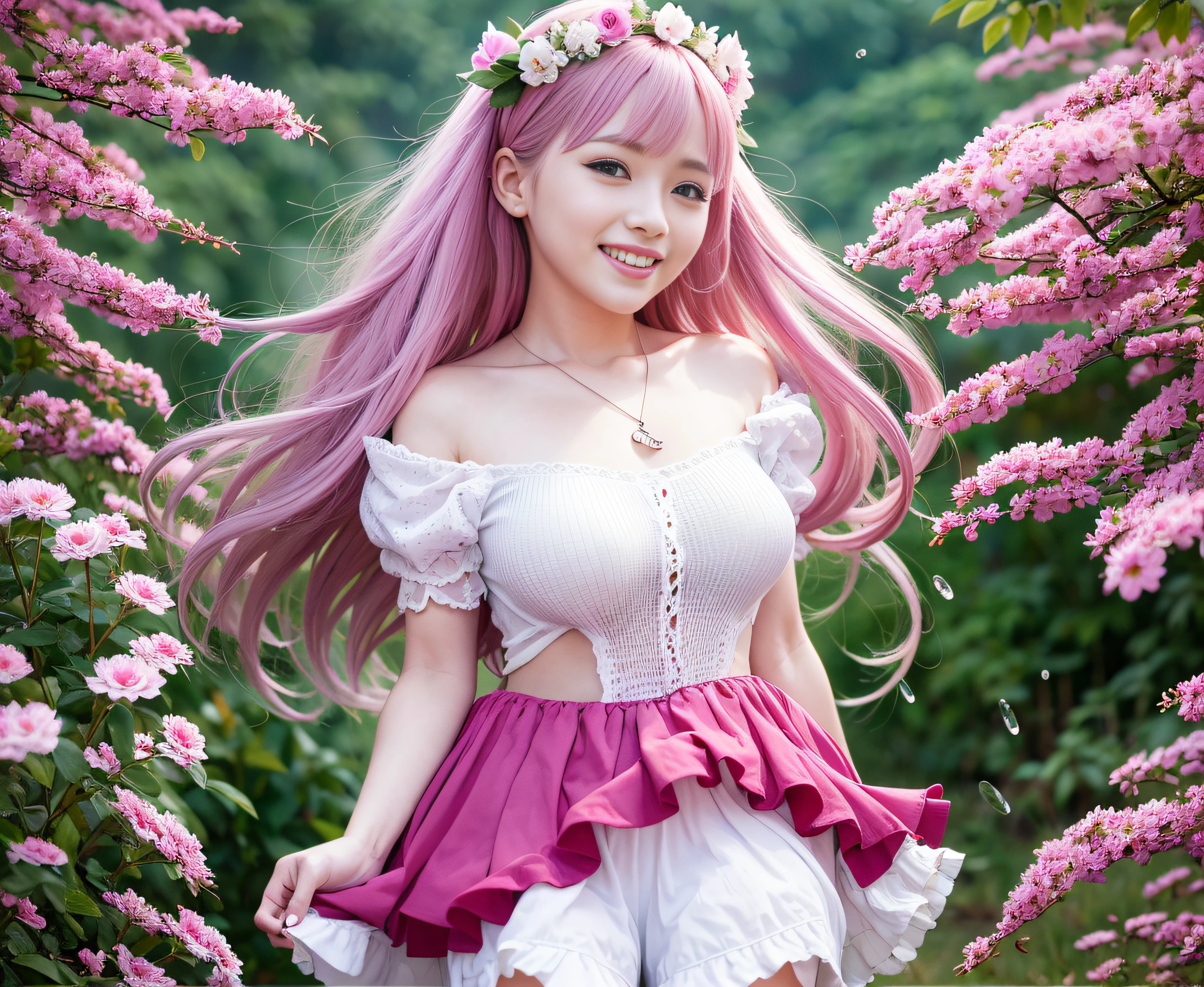 、Pink dress、lots of ruffles、Twin-tailed、long、Pink hair、A slight smil、Hair fluttering in the wind、splash water、Colossal tits、Pink tights、grass field、Overgrown with flowers、Lifting the hem of the skirt、white  panties、The blouse is taut、japanes、Cute smile、The mouth is closed、Flower necklace、Flowers in the hair、Long hair、kawaii、Angle from the front、Pink French Maid:1.3、Schoolgirl Unifora short skirt、large full breasts、A slight smil、on grassland、Flower Garden、ssmile、Uniform exposure、Pink hair, hair bobbles, wince, longeyelashes, Solid Circle Eyes, lightsmile, tusk, surrealism, drop shadow, anaglyph, stereograms, Tachi-e, POV, Atmospheric perspective, in 8K, Super Detail, ccurate, Best Quality, nffsw, retinas, masutepiece, ccurate, Anatomically correct, Textured skin, Super Detail, high details, High quality, awardwinning, Best Quality, hight resolution,