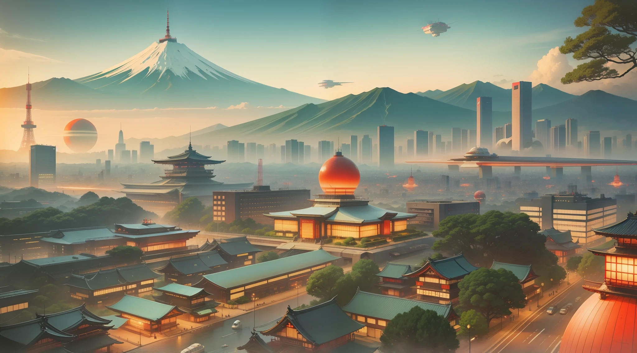 futuristic Japan, Tokyo tower, Fuji mountain, add red round sun on background, flying airships, traditional futuristic Japanese buildings,