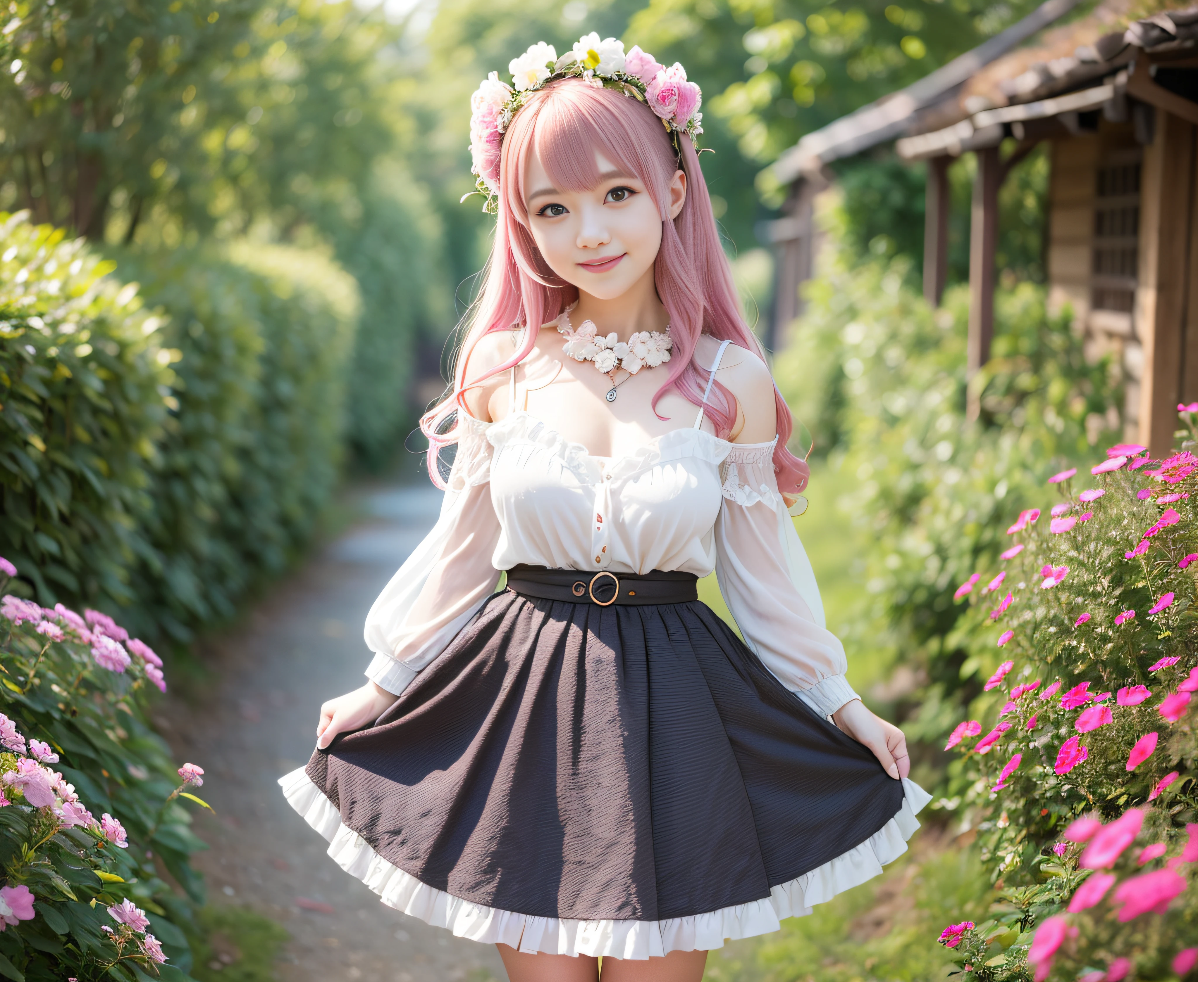 、Pink dress、lots of ruffles、Twin-tailed、long、Pink hair、A slight smil、Hair fluttering in the wind、splash water、huge tit、Pink tights、grass field、Overgrown with flowers、Lifting the hem of the skirt、white  panties、The blouse is taut、japanes、Cute smile、The mouth is closed、Flower necklace、Flowers in the hair、Long hair、kawaii、Angle from the front、Pink French Maid:1.3、Schoolgirl Unifora short skirt、large full breasts、A slight smil、on grassland、Flower Garden、ssmile、Uniform exposure、Pink hair, hair bobbles, wince, longeyelashes, Solid Circle Eyes, lightsmile, tusk, surrealism, drop shadow, anaglyph, stereograms, Tachi-e, POV, Atmospheric perspective, in 8K, Super Detail, ccurate, Best Quality, nffsw, retinas, masutepiece, ccurate, Anatomically correct, Textured skin, Super Detail, high details, High quality, awardwinning, Best Quality, hight resolution,