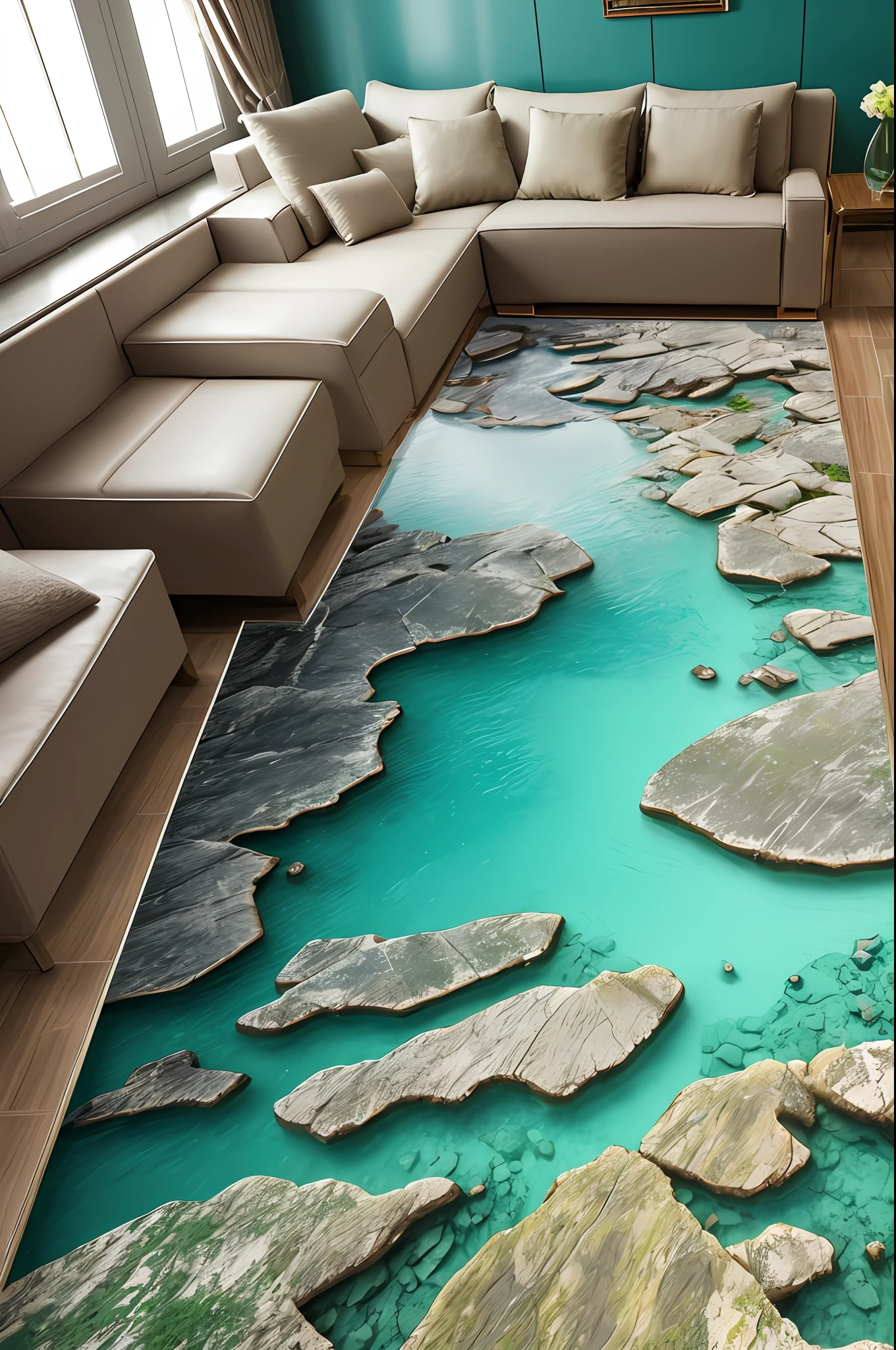 3d printed waterproof floor, in the style of crystalline and geological forms, atmosphere of dreamlike quality, luxurious opulence, old-world charm, lifelike renderings, water and land fusion, light emerald and dark bronze --ar 3:2 --v 4 --auto