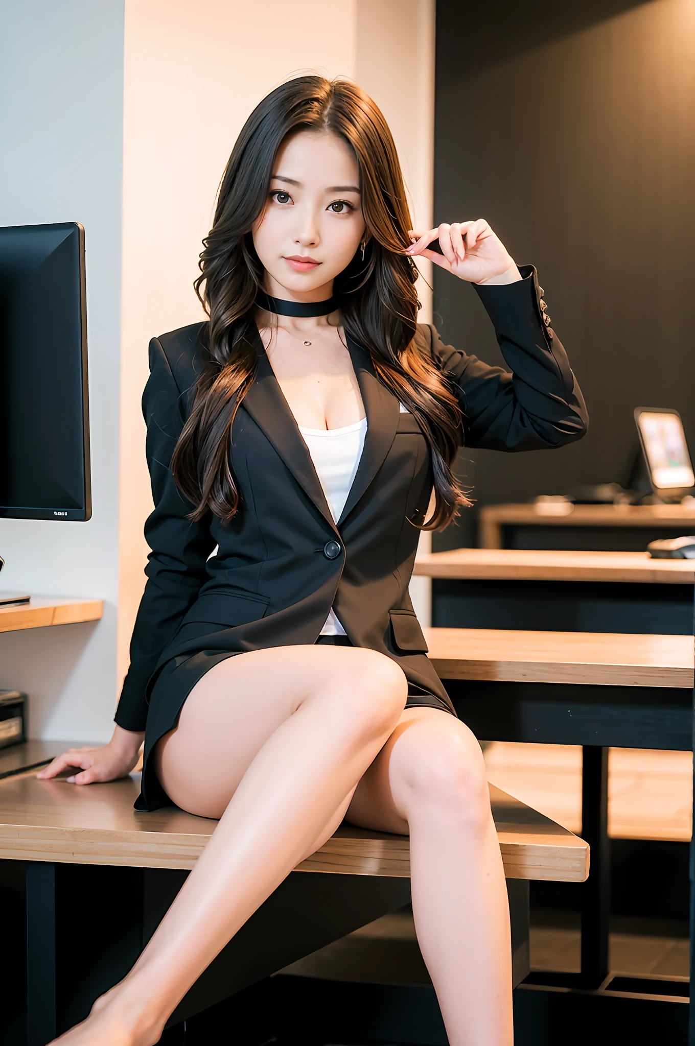 (realisticlying:1.2), 18yo girl, Sexy attire, Sit Pose, Computer classroom（tmasterpiece，best qualtiy：1.2），shot of，独奏，1girll，ssmile，looking at viewert，，Black color hair，eye detailed，formal，Business suit，tiese，choker necklace，city scenery，the street，plumw，Business line，，Refined face，upper legs，stocklings，Eye details，Realistis，hyper realisitc，Raised chest，office room，Sit Pose，Half-sitting，office desk，Chair