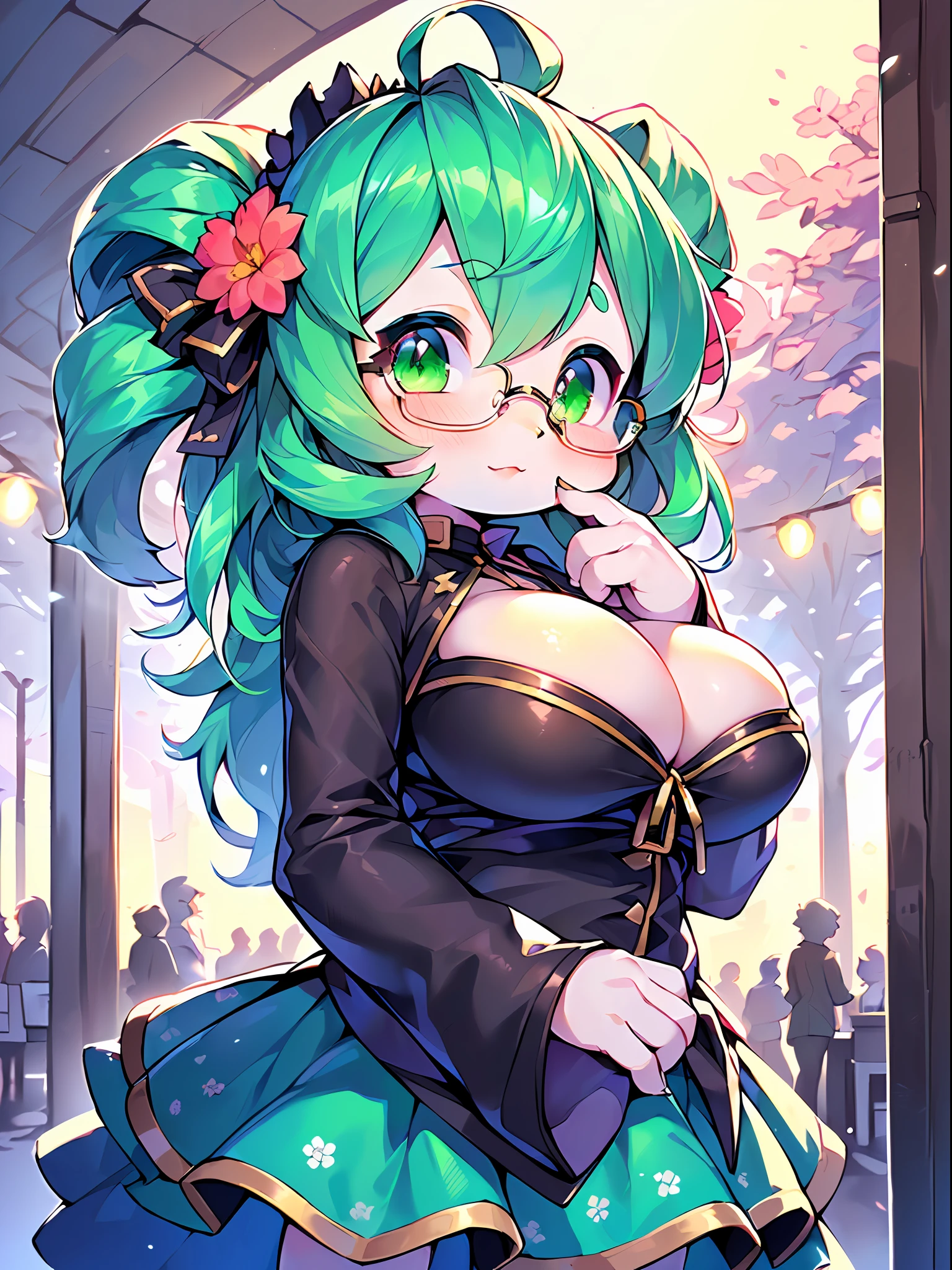 (​masterpiece、Top image quality、Detailed eye highlights、masutepiece,Best Quality, Illustration,Beautiful detailed girl,Beautiful detailed glow, pixiv、8K high image quality:1.2)、(Emerald hair、white body hair, one girls、独奏:1.5)、(put on clothes、eye glasses、、5years old、Lori、ult gigantic tits、Young features:1.4)、Gentle、maternal、clever、Seductive facial expressions、(Gray Shadow Dress,Wide sleeves,Floral Print Sleeve,Gothic lolita,White skirt,layered skirts,White sleeves:1.1)、(Emphasize the face、Bring your face closer、scornful:1.3)